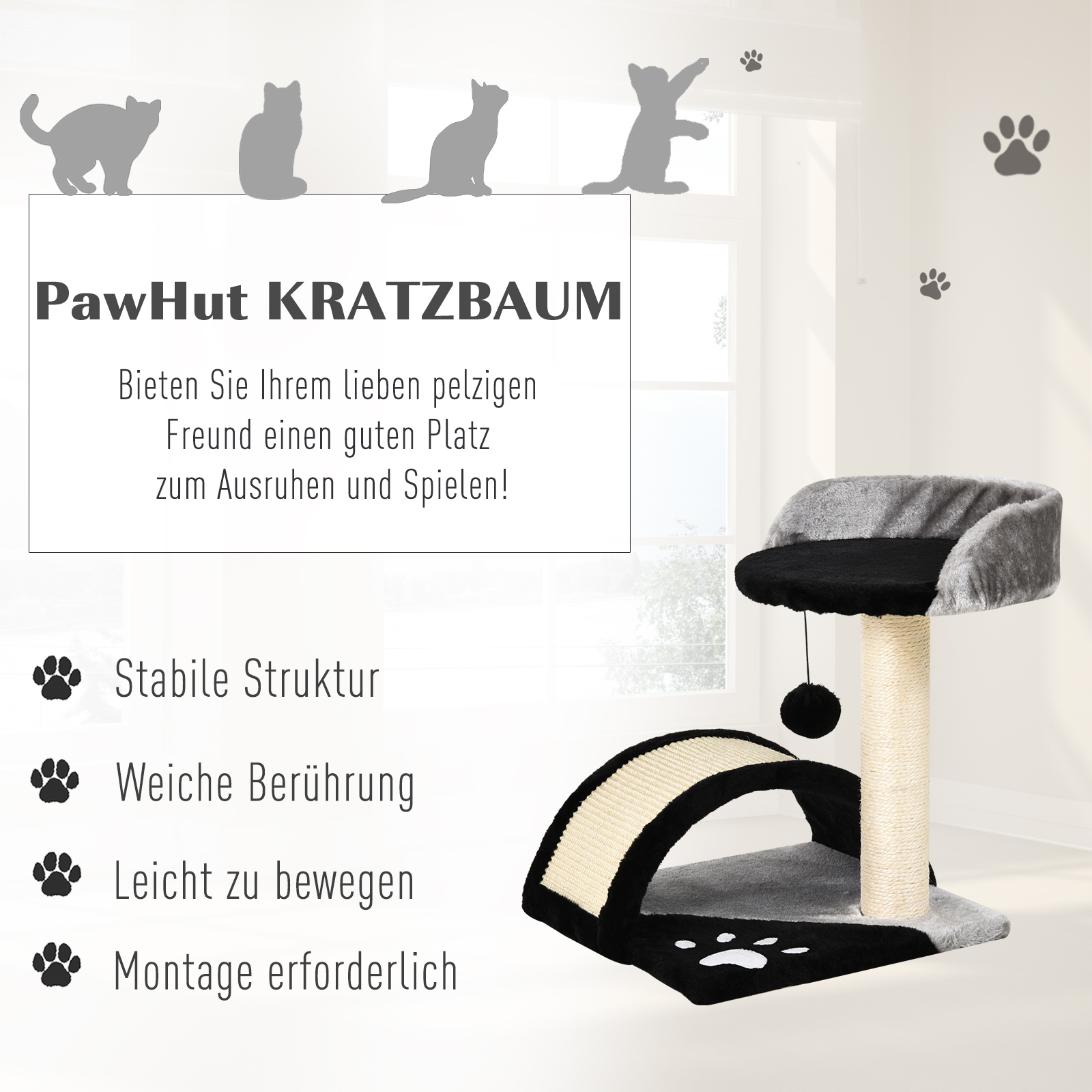 Kratzbaum Katzenbaum mit Spielbällen Katzenkratzbaum Sisalseil-Kratzstangen Schwarz 35,5 x 37 x 46 cm