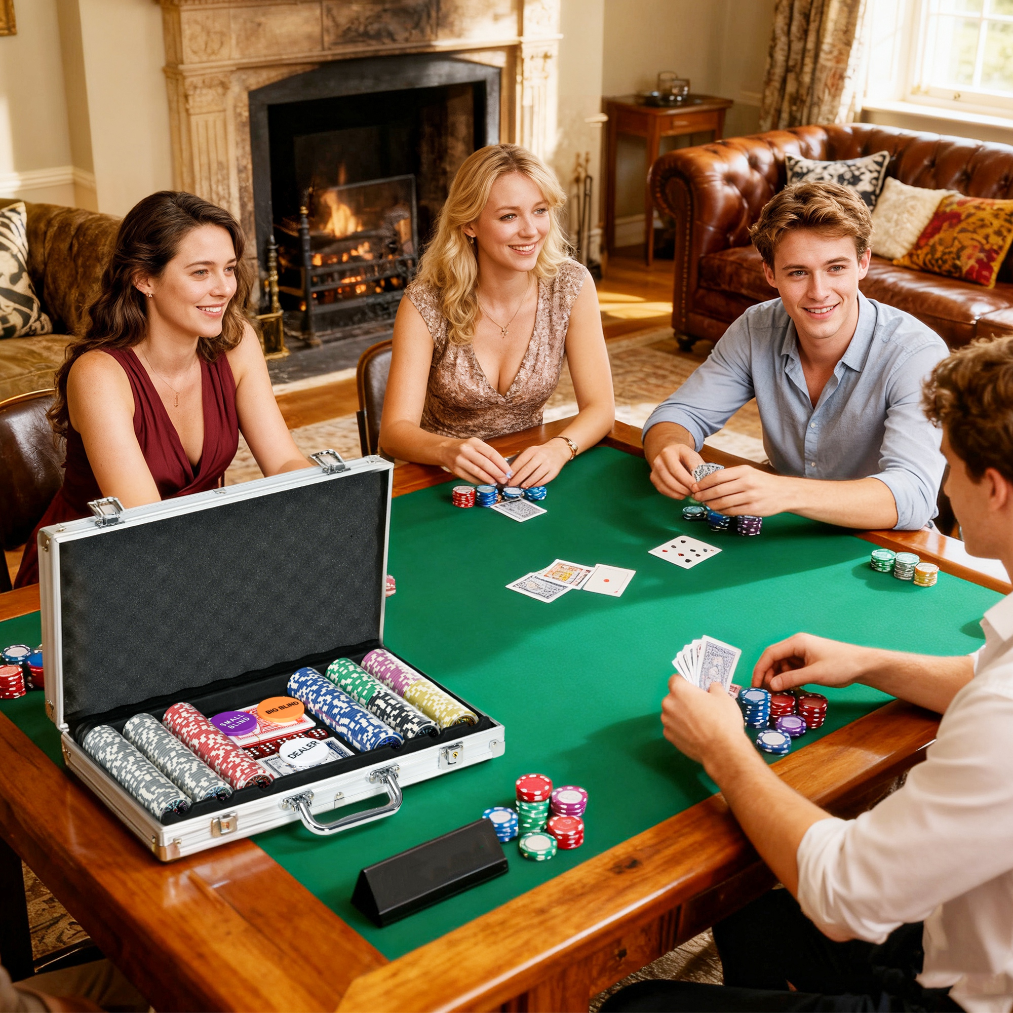 Casinozubehör und Chips Pokerset mit Chips Pokerchip-Koffer, inkl. Unterlage, Set mit 300 Chips, 2 Kartenspielen, 5 Würfeln