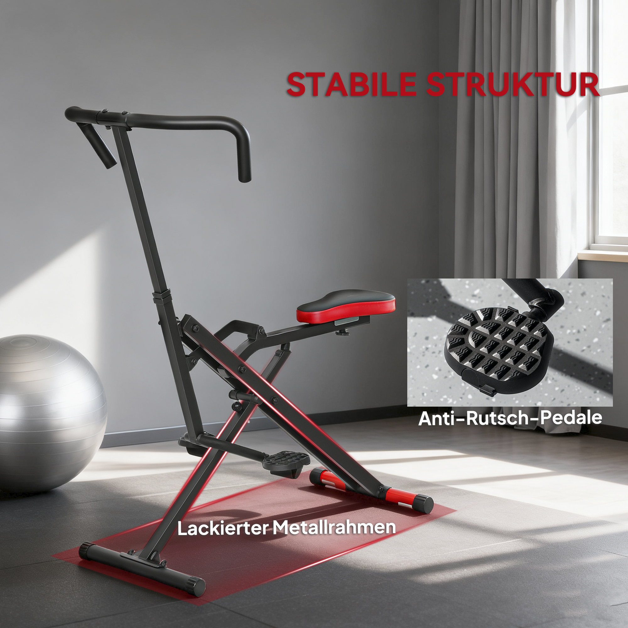 Trainingsmaschine, verstellbar, Metallrohre, Pedale, klappbar, Rot