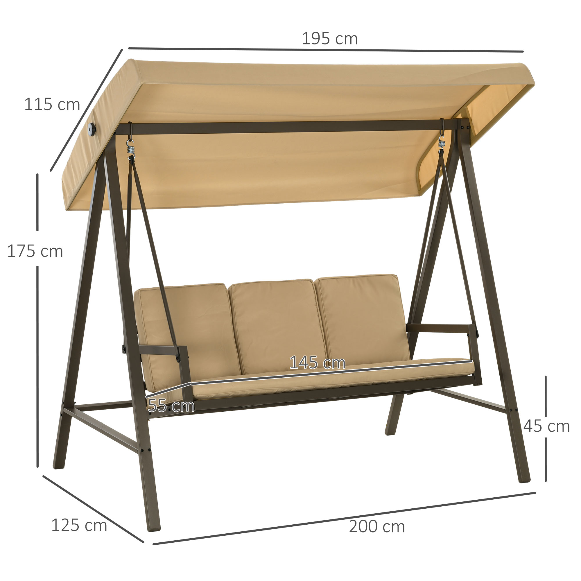 Hollywoodschaukel Gartenschaukel Schaukelbank, verstellbares Sonnendach, 200 cm x 125 cm x 175 cm, Beige + Braun
