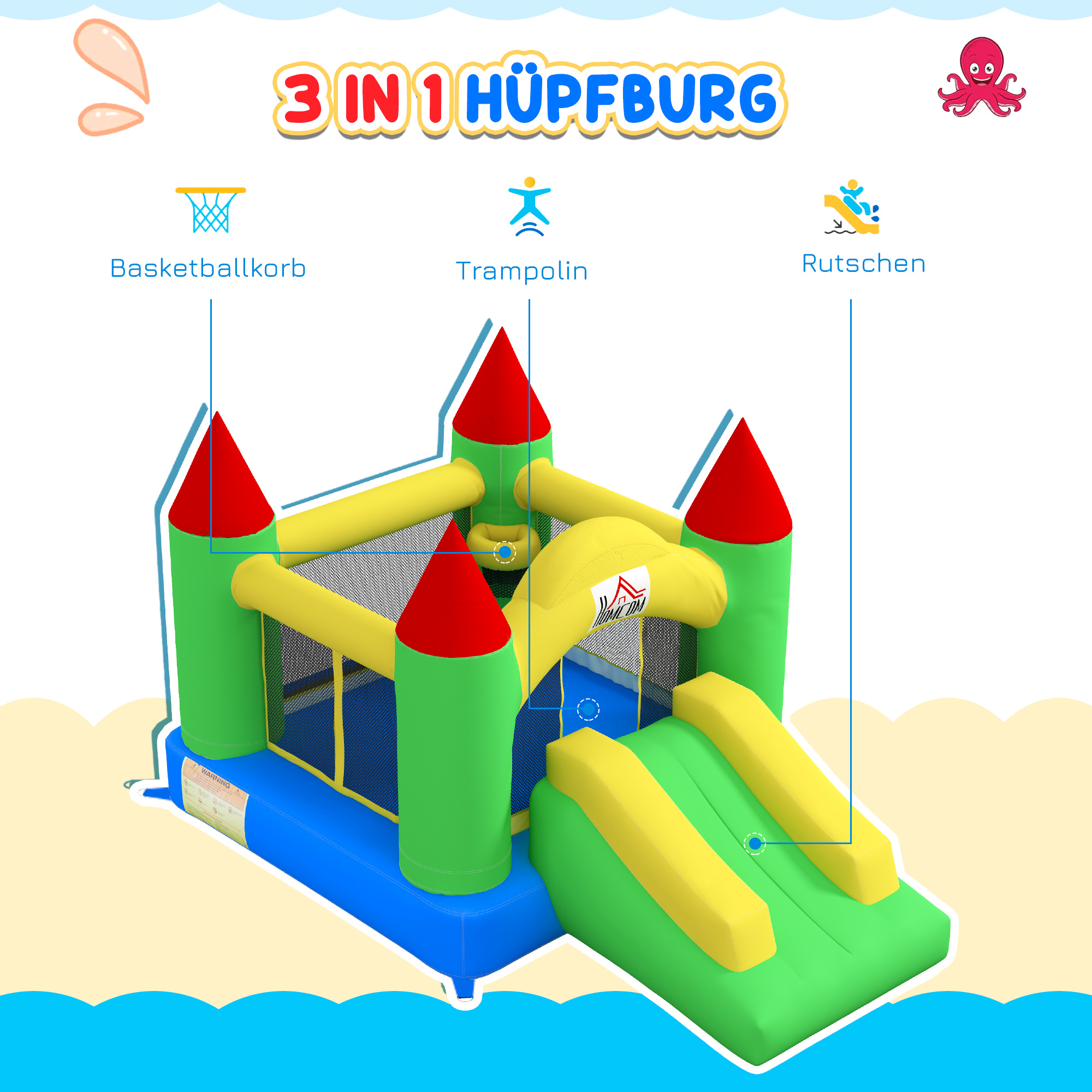 Hüpfburg mit Rutsche und Sicherheitsnetz, bis 100 kg, 3-10 Jahre, 300x180x160cm