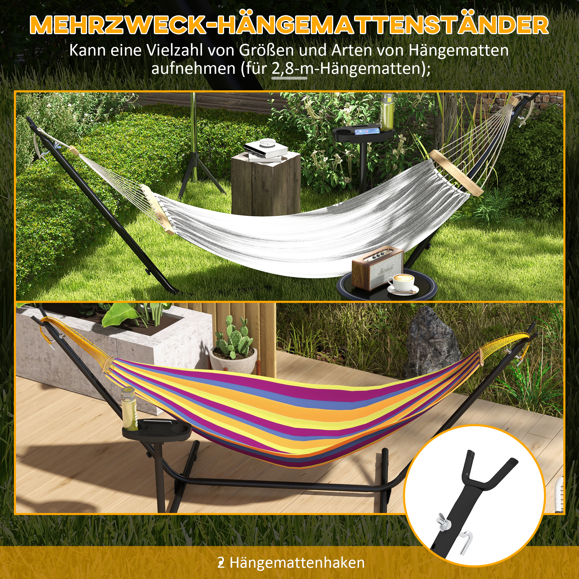 Hängemattengestell, für Hängematten bis 280 cm, Stahl, 285L x 125B x 110H cm, Schwarz