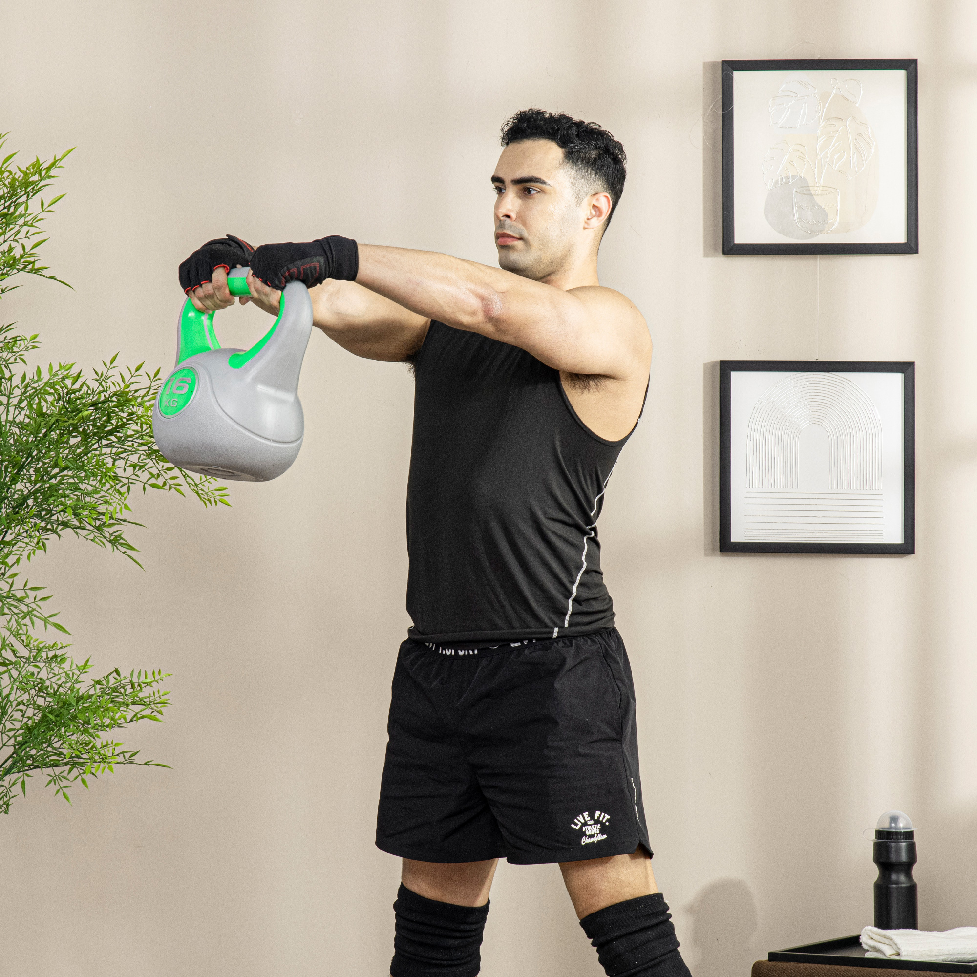 Kugelhantel, Kettlebell, 16 kg, flache Unterseite, großer Griff, Gewichtkugel, Grün, 27 x 17 x 31 cm
