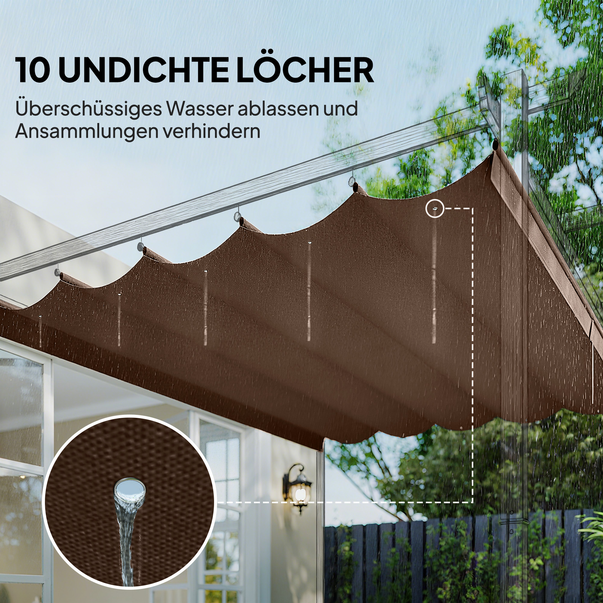 Ersatzdach für 4 x 3 m Pergola, einziehbar, mit Regenabflusslöchern, wetterfest, Polyester, Kaffee
