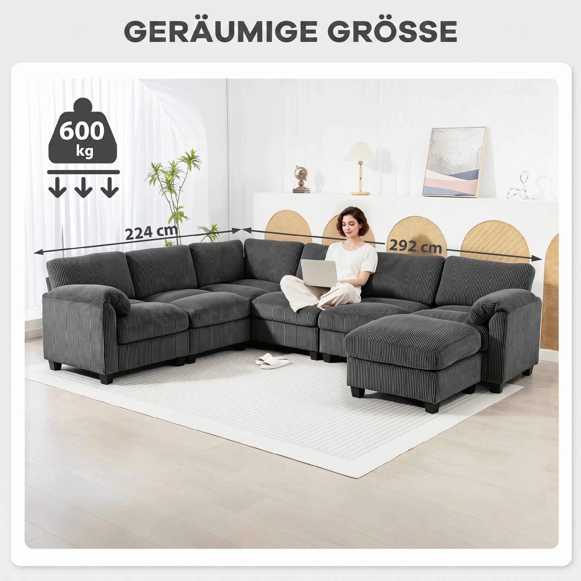 Ecksofa U-Form Sofa Couch mit Federpolsterung gepolsterte Armlehnen beweglicher Ottomane Cord 292x224x85 cm Dunkelgrau