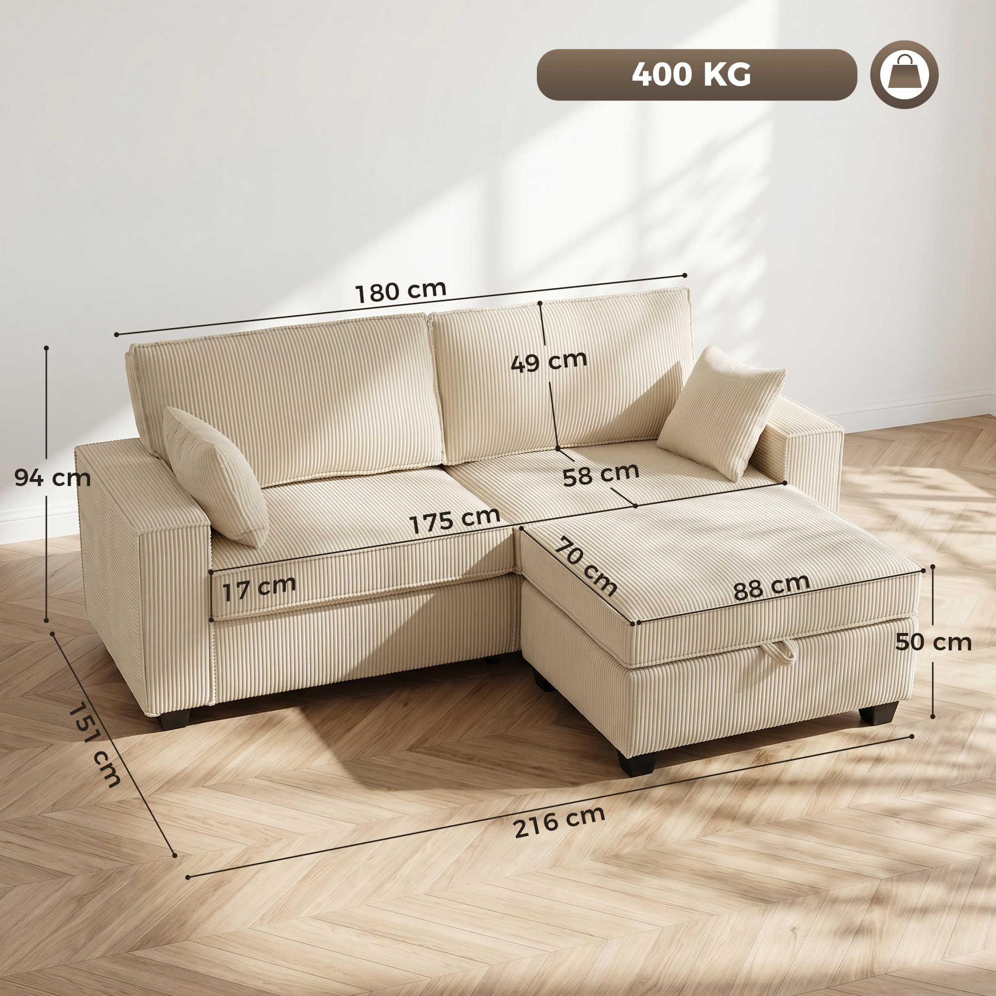 Ecksofa 216 cm 3-Sitzer L-Form Sofa mit Umkehrbarem Aufbwahrungshocker, Cord-Optik, Breiter Sitzfläche, für Wohnzimmer