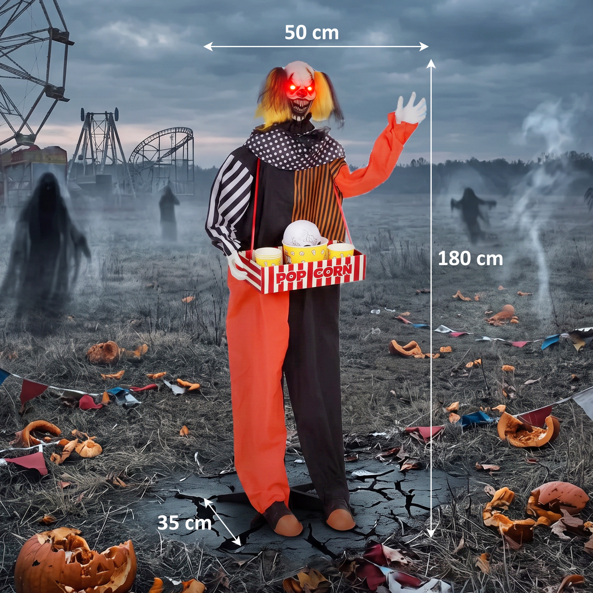 animierter Halloween-Popcorn-Clown mit hochschnellendem Kopf, Grusel-Sound, Jahrmarktmusik und leuchtenden Augen