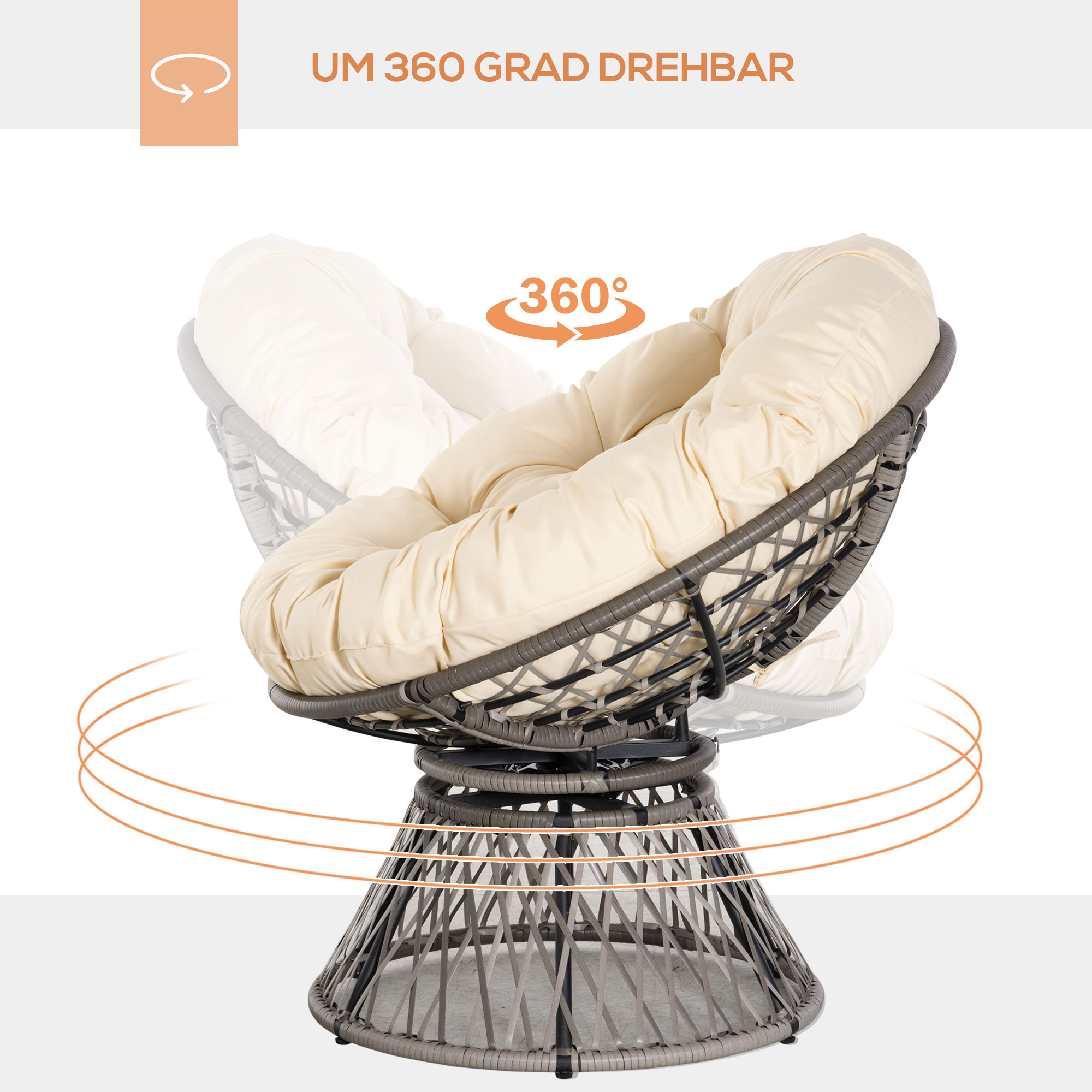 Papasansessel, Korbsessel, Sitzkissen, Kunstrattan, drehbar, Metallrahmen, 87 x 97 x 86 cm, Beige