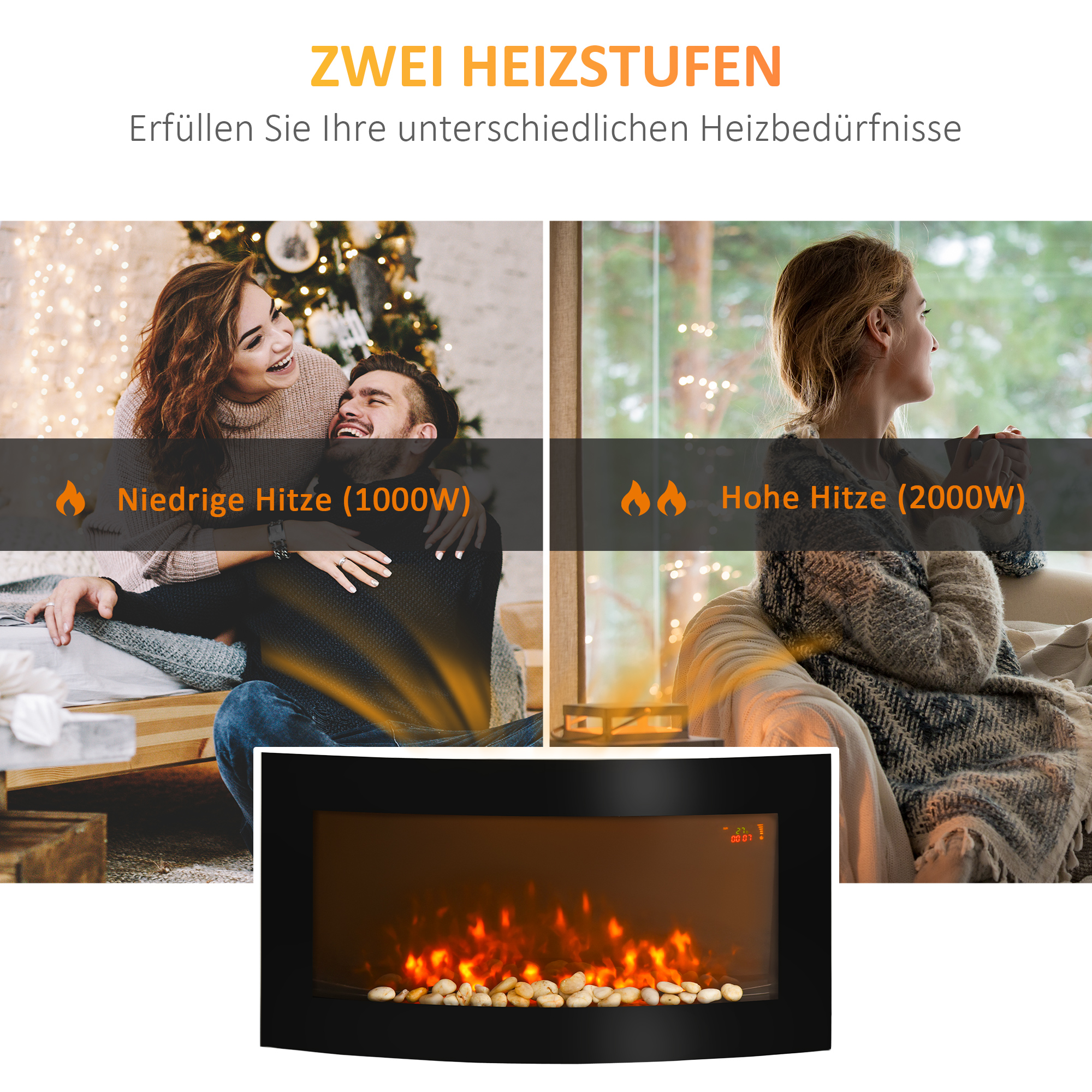 Elektrokamin mit Heizung, Wandkamin mit LED Flammeneffekt, 7 Flammenfarben, 1000/2000 W, elektrischer Kamin mit Timer, Einstellbarer Thermostat, Dekokamin mit Fernbedienung, Schwarz, 89,2 cm