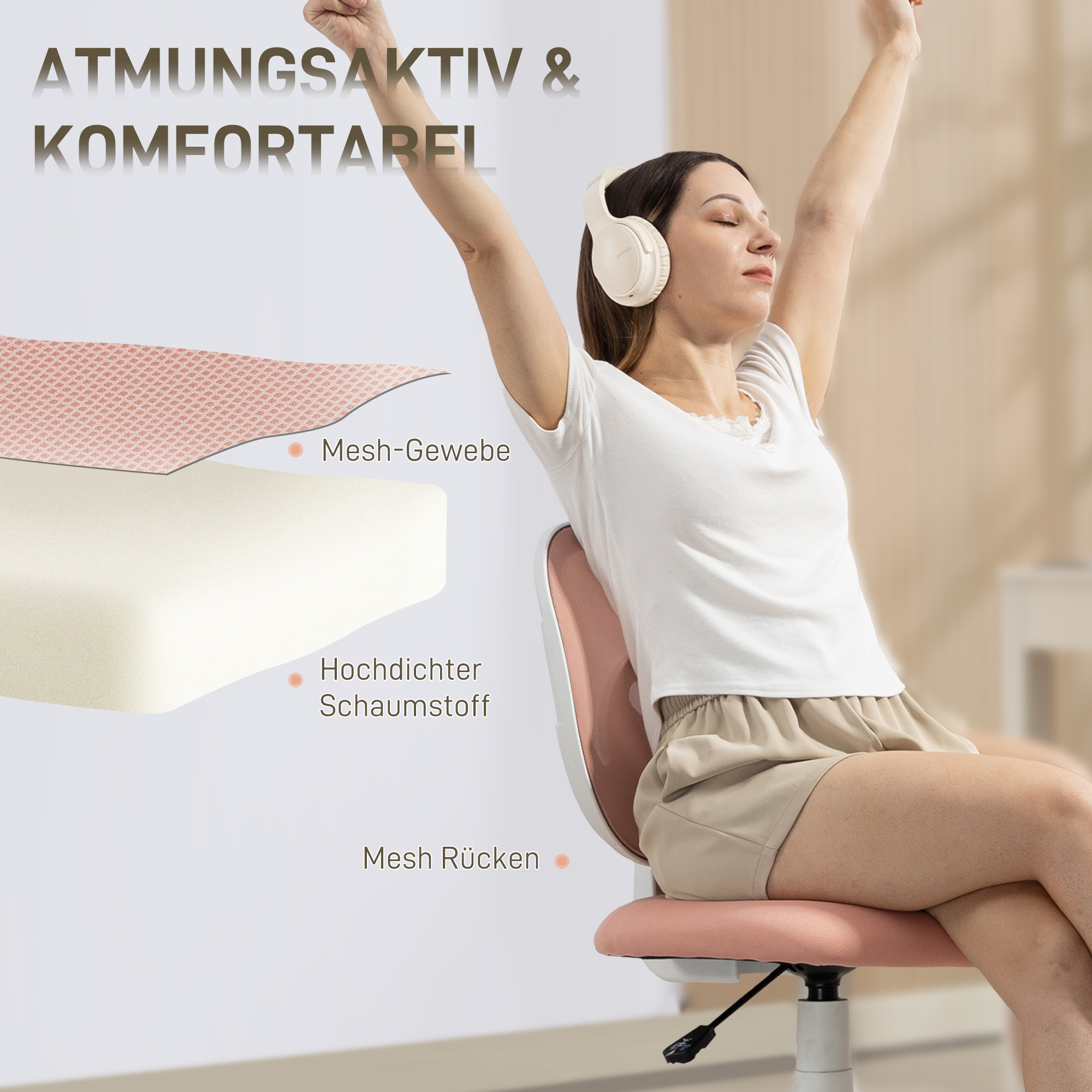 Bürostuhl Ergonomischer Schreibtischstuhl mit C-förmiger Rückenstütze, Höhenverstellbar Rosa