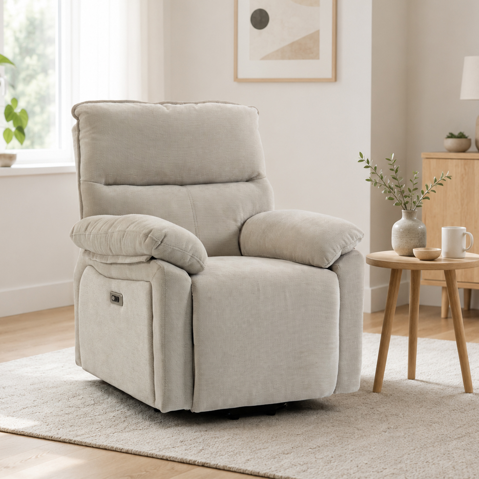 Elektrischer Aufstehsessel mit Massage & Wärme, Relaxsessel aus Chenille mit hochdichtem Schaumstoff und dicker Rückenlehne, Cremeweiß