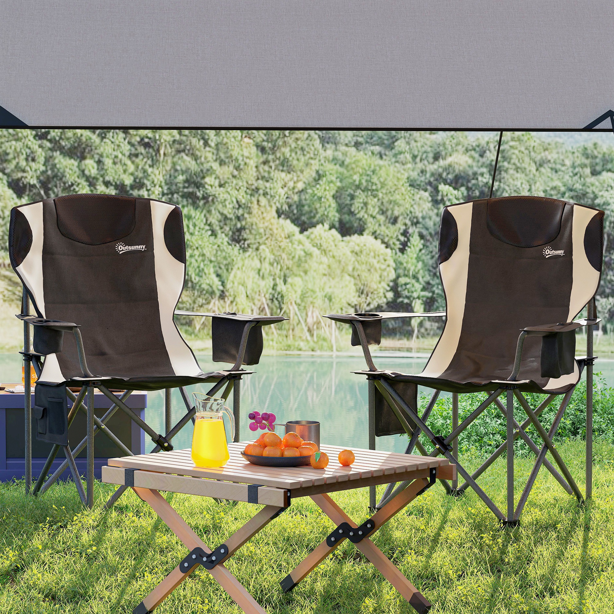 2er Set Faltstuhl faltbar Campingstuhl mit Armlehnen Getränkehalter Kopfstütze Kühltasche Schwarz