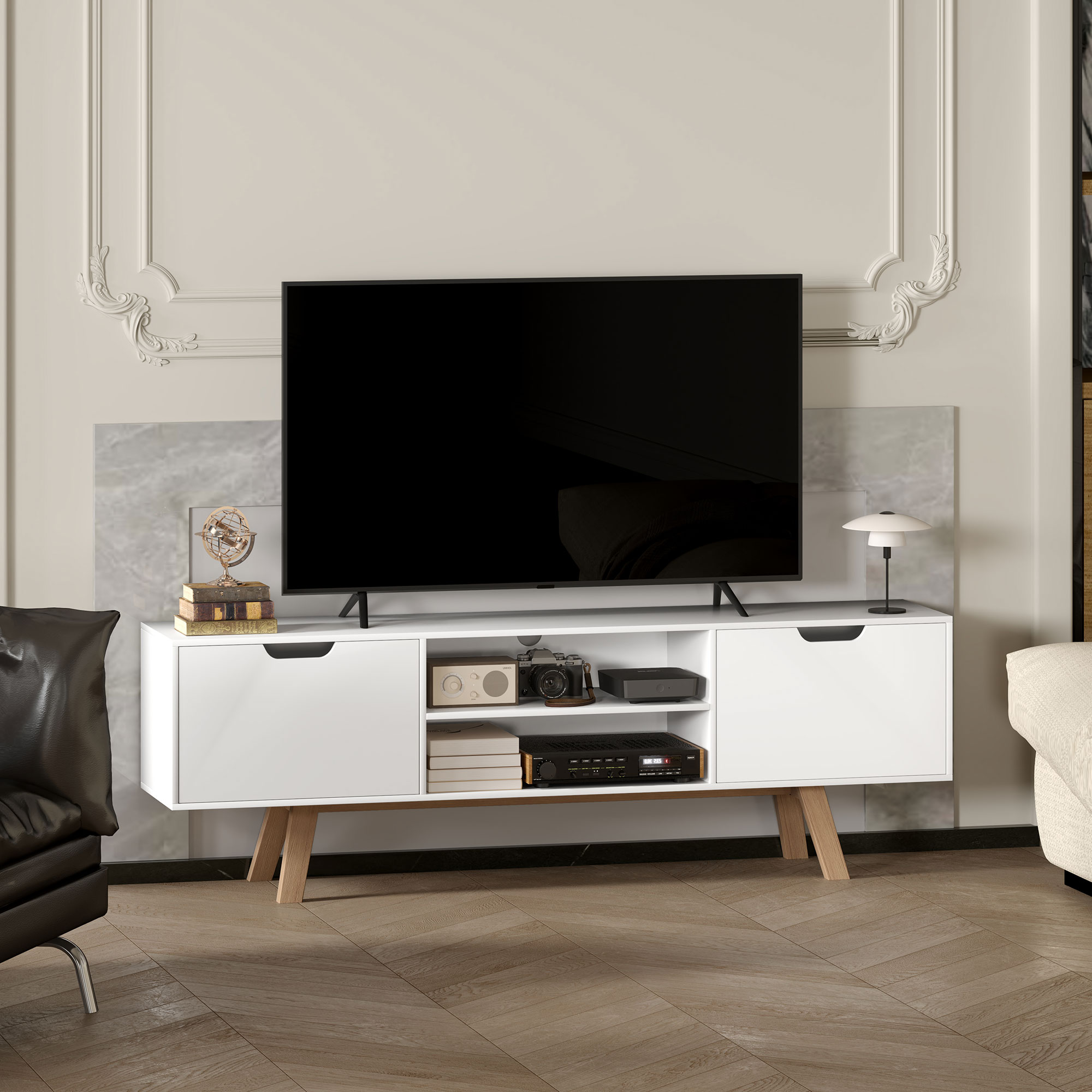 TV-Kommode mit Schubladen und offenen Regalen, MDF, 150 x 39 x 50 cm, Weiß