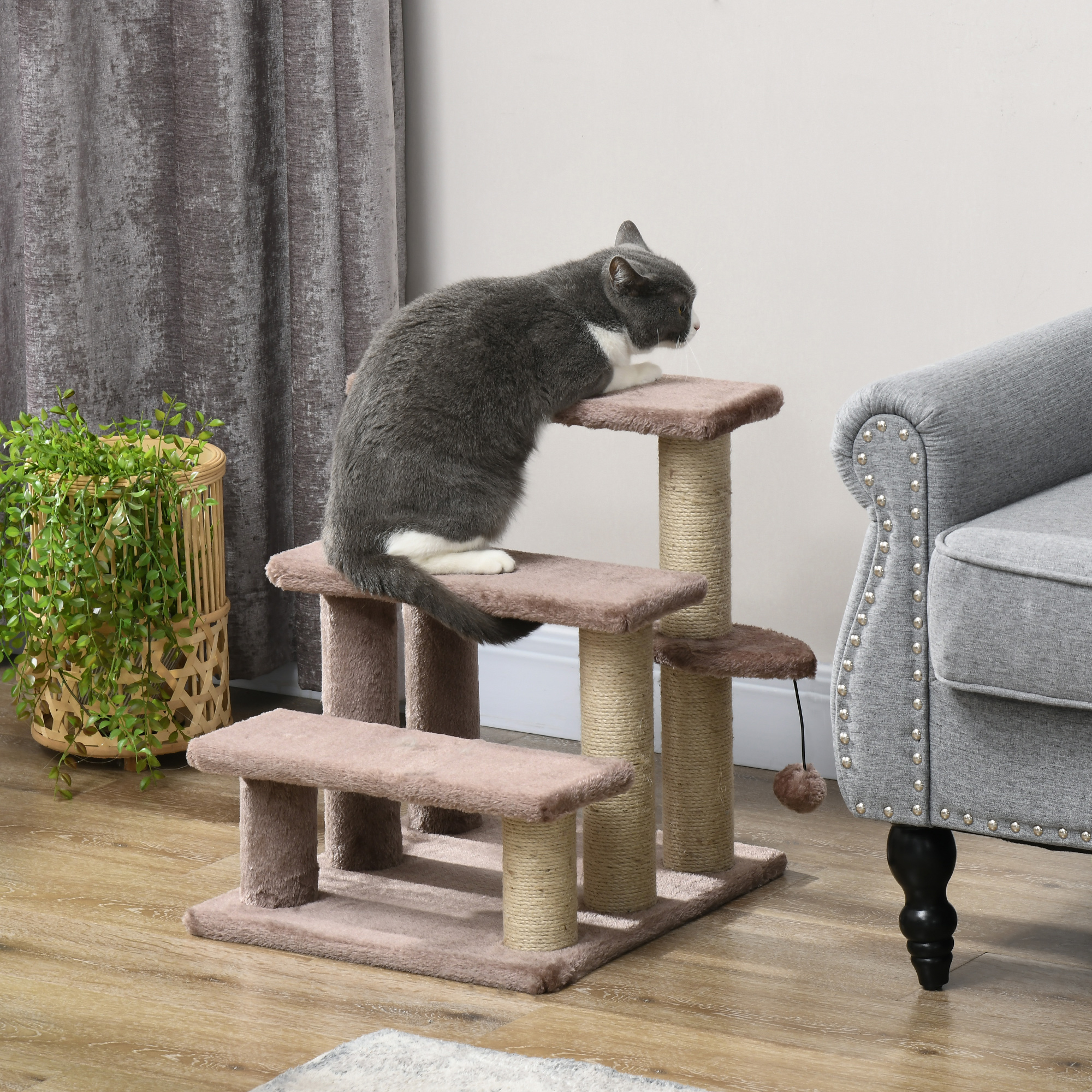 Kratzbaum, Haustiertreppe, 3 Stufen, Spielball, bis 5 kg, 45x40x48cm, Braun