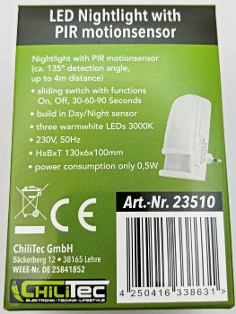 LED Nachtlicht mit Bewegungsmelder, 230V, Licht Warmweiß, On/Off/Auto