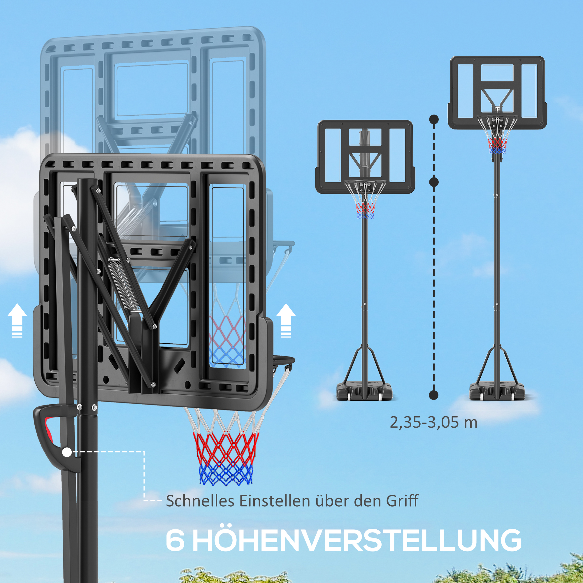 Basketballständer, höhenverstellbare Korbhöhe 235-305 cm, befüllbare Basis mit Rädern, Schwarz