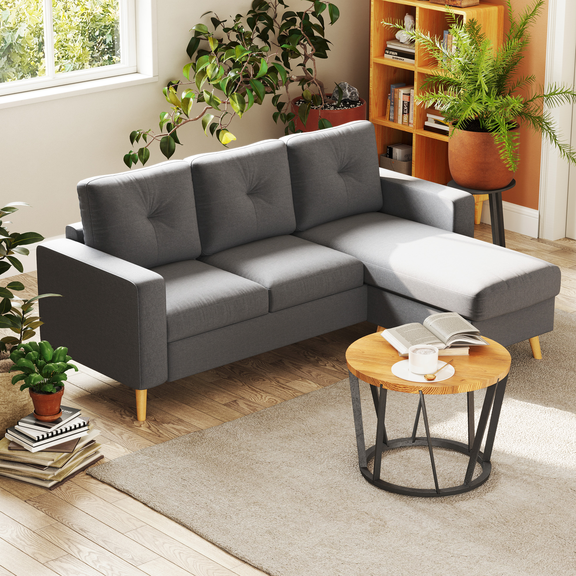 Ecksofa im Skandidesign, mit Knopfheftung, Massivholz, Leinenoptik, Grau