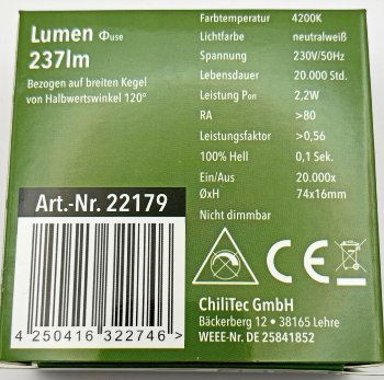 LED-Einbauleuchte "EBL-HV65w", weiß, 2 Watt, 230V, 4200K, 237Lm, neutralweiß