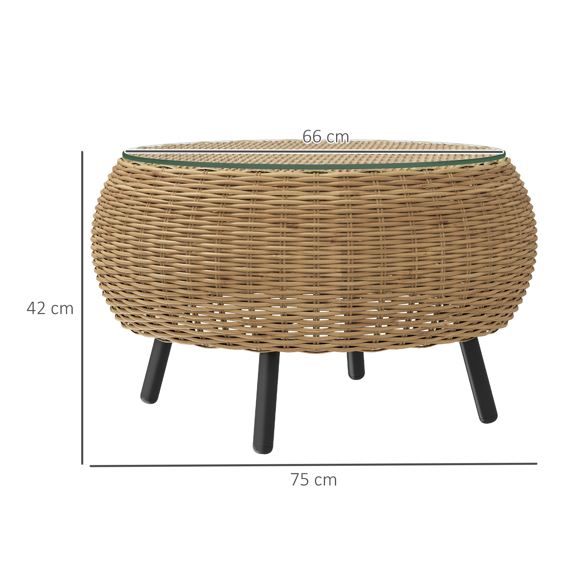 Beistelltisch aus Polyrattan runder Kaffeetisch Couchtisch mit Glas Tischplatte Ø75 x 42 cm Braun