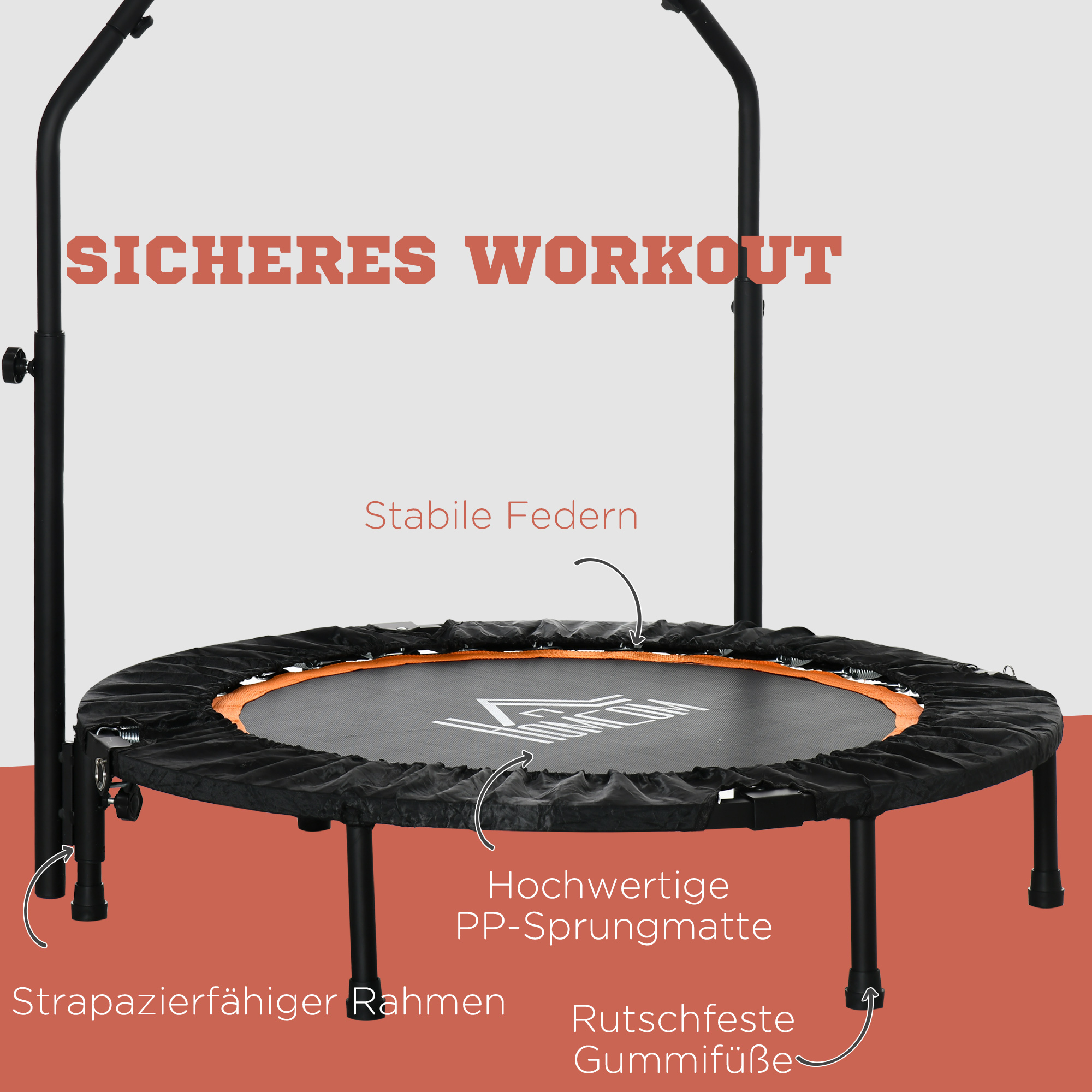 Fitnesstrampolin, klappbar, verstellbarer Haltegriff, Ø102 x 123H cm, bis 150 kg, Schwarz