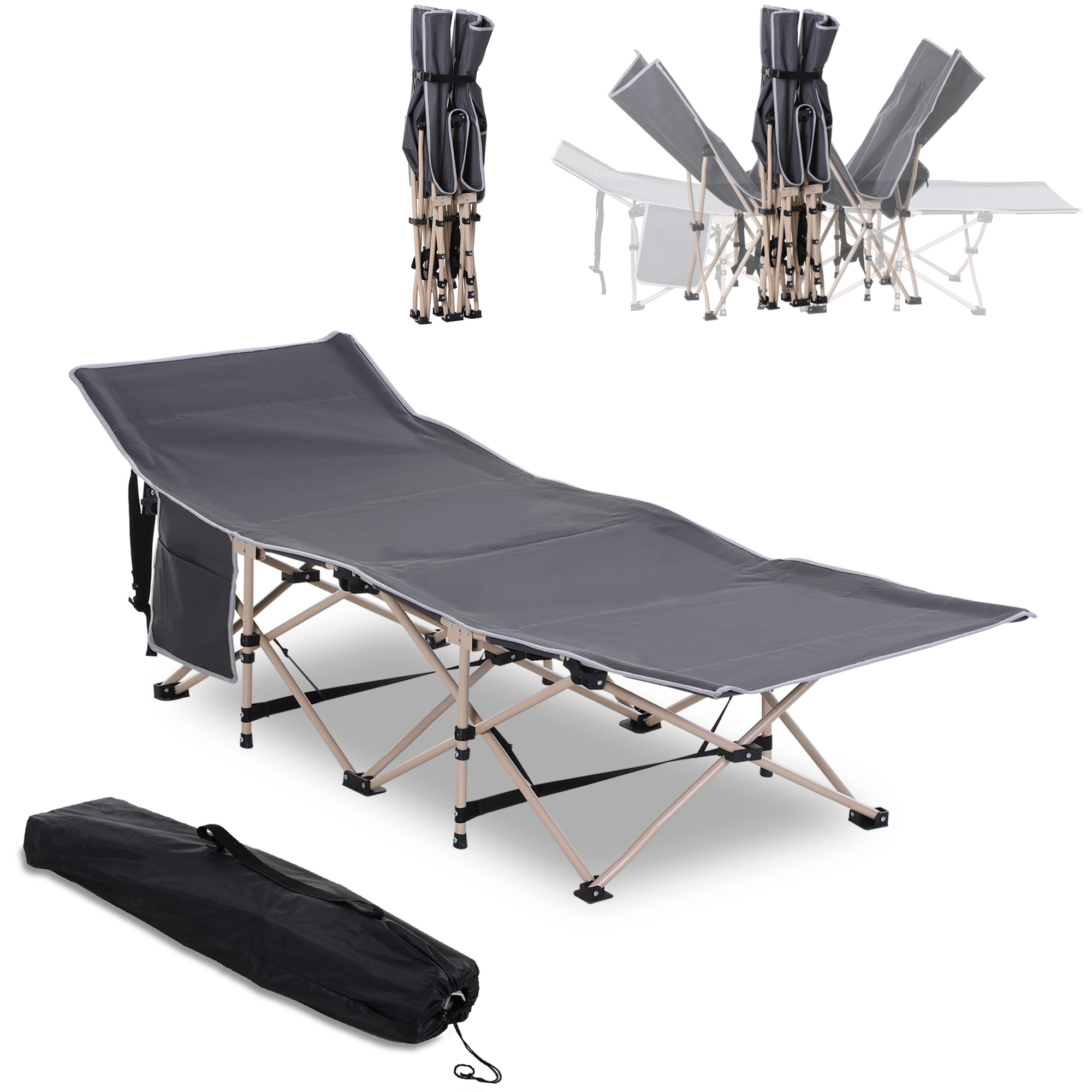 Feldbett, Campingbett, klappbar, wetterbeständig, ink, Tragetasche, 190 x 68 x 52 cm, Grau Feldbett, Campingbett, klappbar, wetterbeständig, ink, Tragetasche, 190 x 68 x 52 cm, Grau