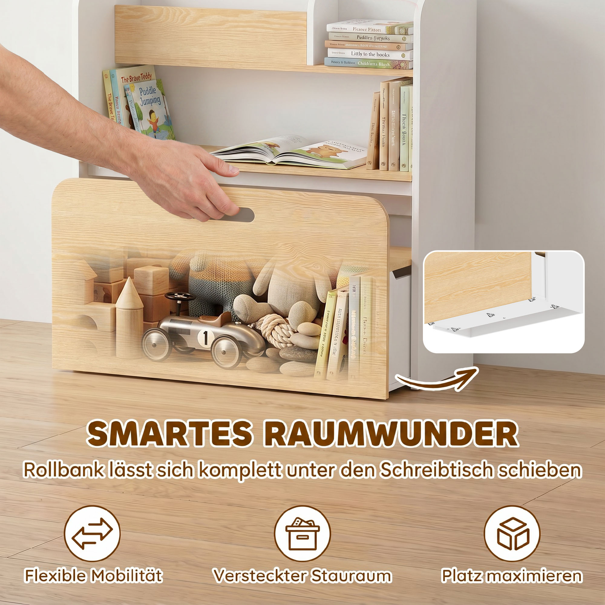 Kindertisch mit Sitzbank 5-in-1 Kindersitzgruppe mit Bücherregal, rollbar Kindertruhenbank mit Aufbewahrungsbox für 3-8