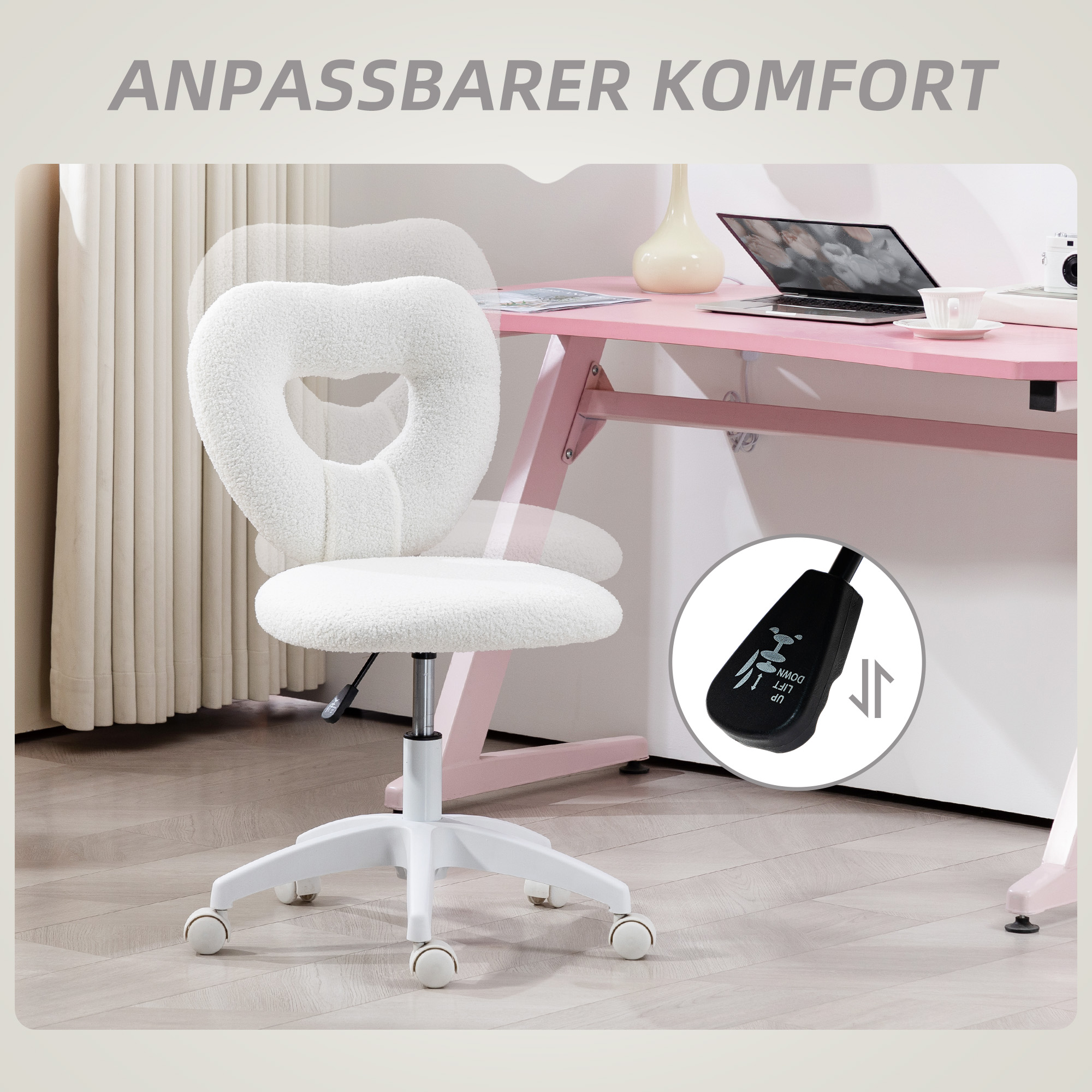Schreibtischstuhl, Bürostuhl, Herzförmige Rückenlehne, gepolstert, Weiß