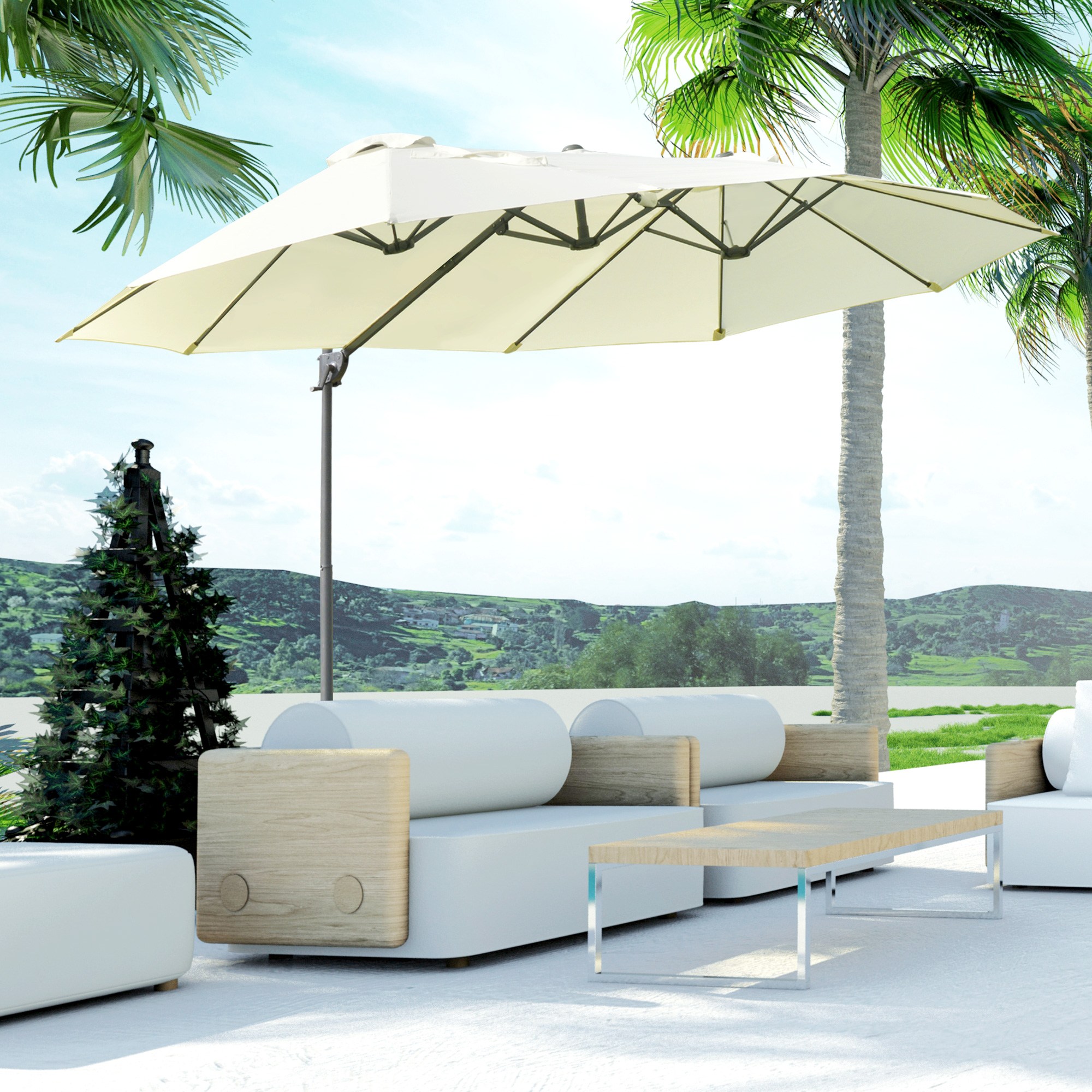 Doppelsonnenschirm Ampelschirm Doppelschirm mit Kurbel Verstellbarer Gartenschirm Sonnenschutz Metall Cremeweiß 440 x 270 x 250 cm