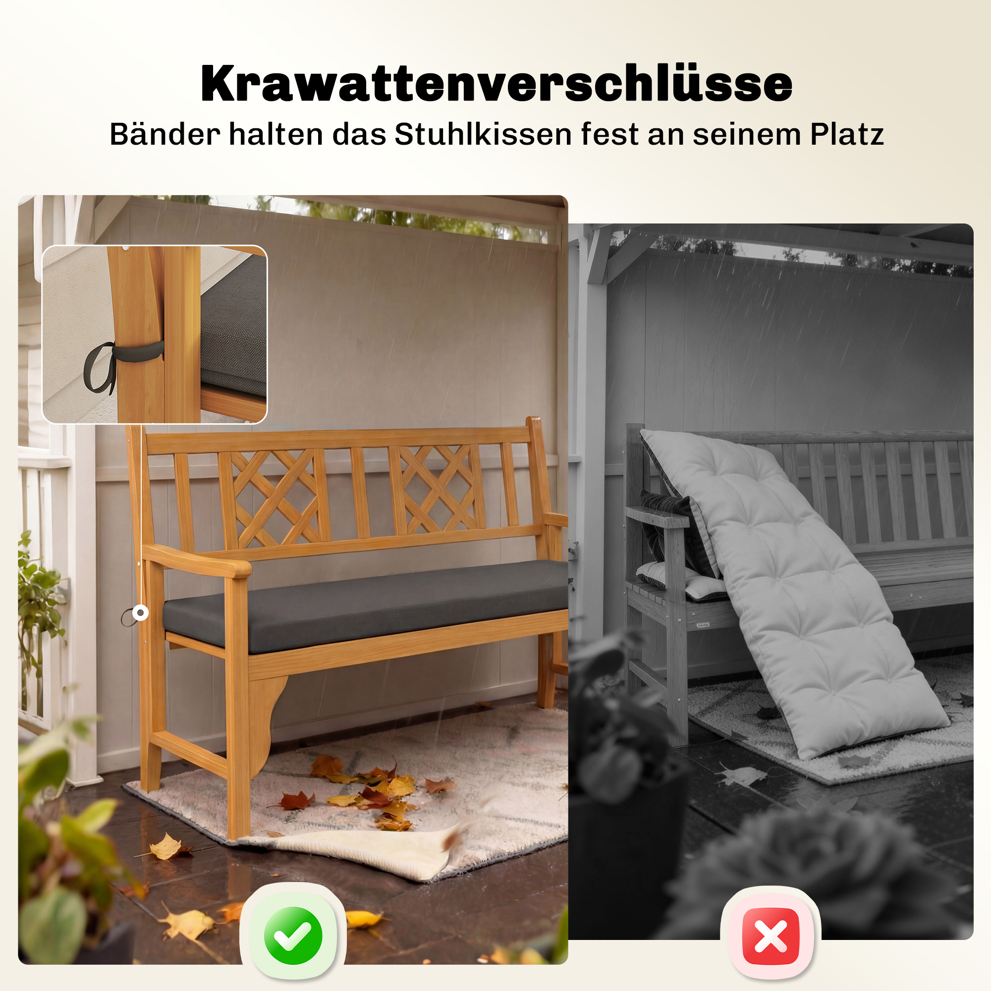 wasserabweisendes Bankkissen, Outdoor-Sitzpolster mit abnehmbarem Bezug und Befestigungsbändern für Garten und Terrasse, 110 x 46 cm, Dunkelgrau
