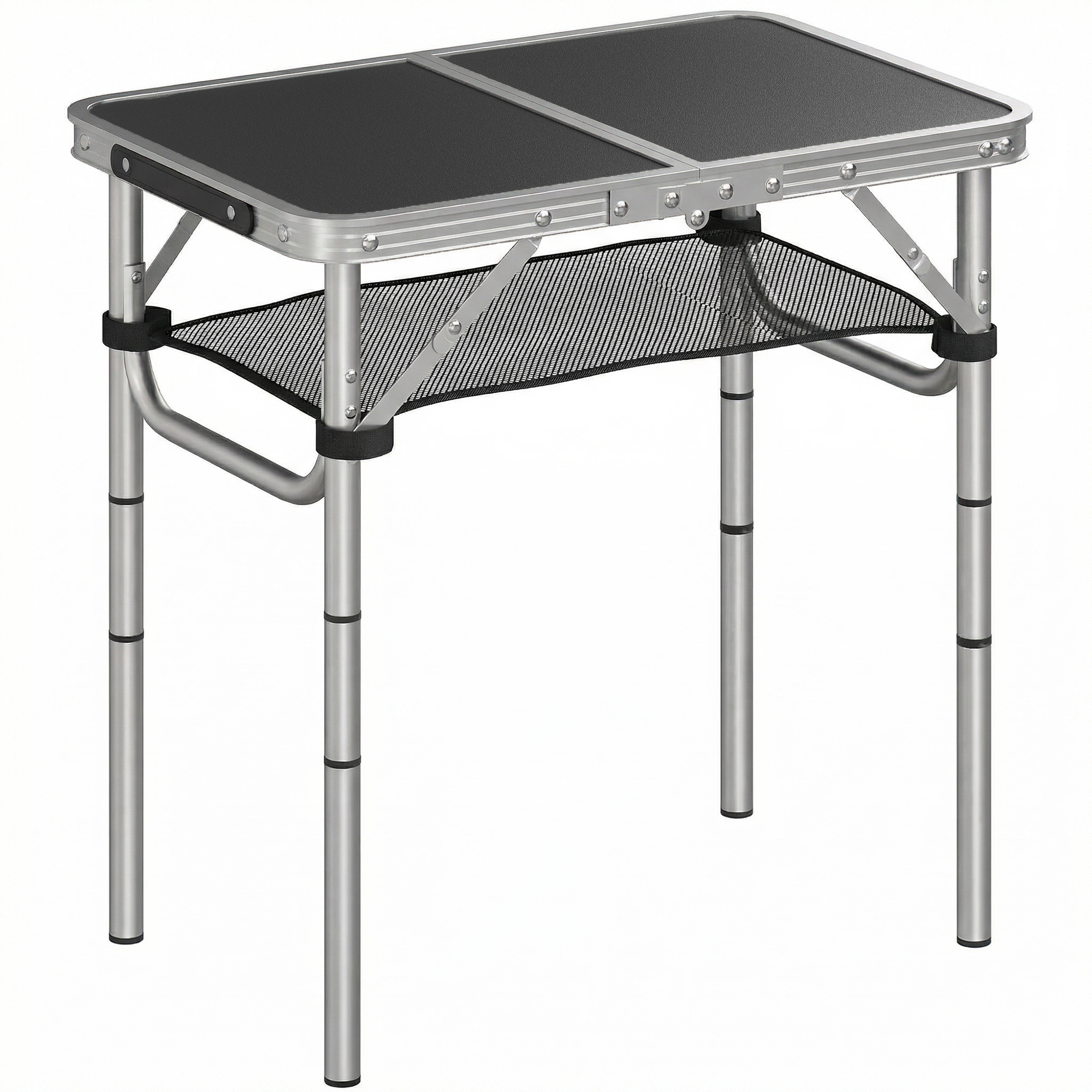 Campingtisch Klapptisch mit Netzfach, 4 Höhenverstellungen, Tragegriff Aluminium 60 x 40 x 26-60 cm Schwarz