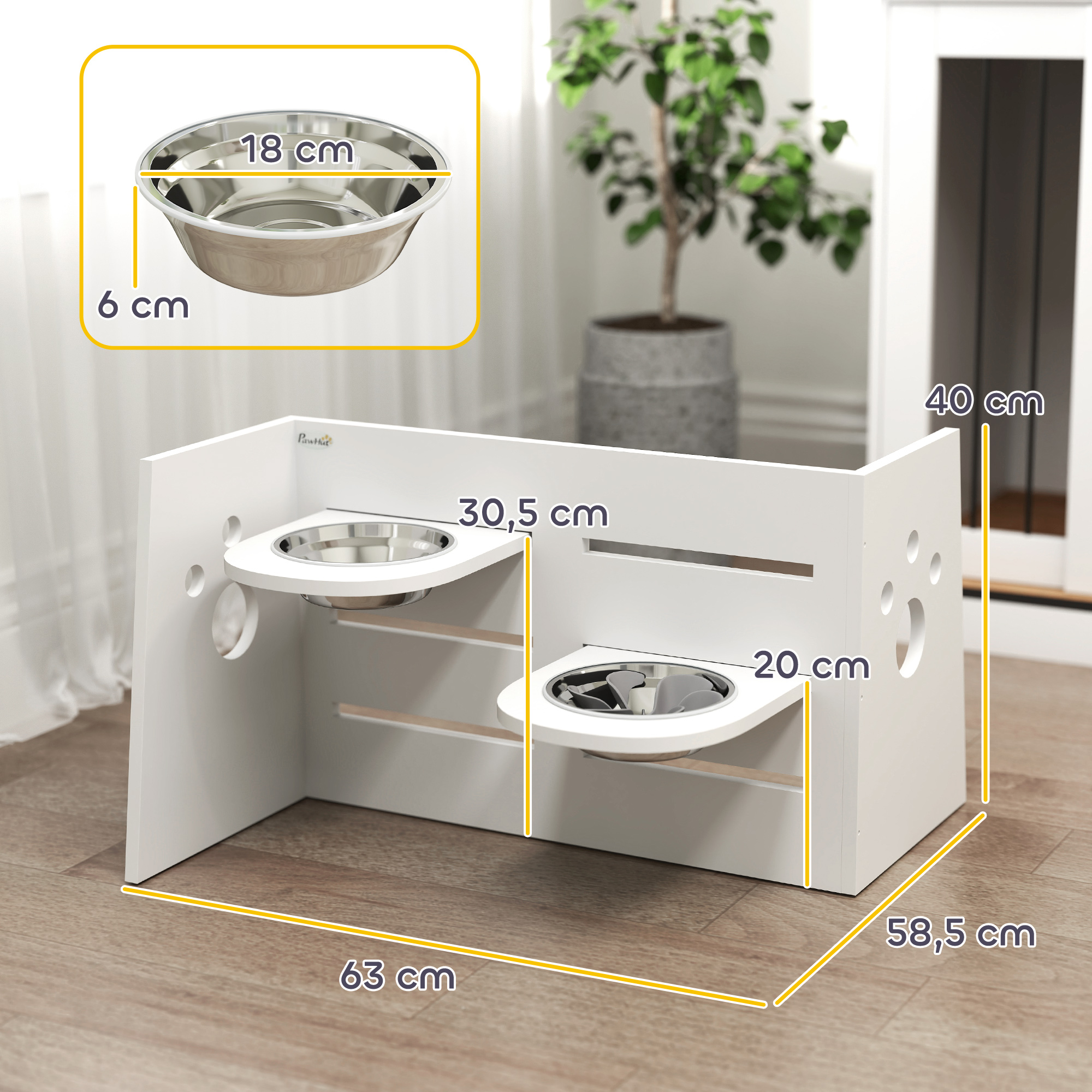 Hundefutternapf-Gestell, verstellbare Futternäpfe mit separatem Design, 2 Edelstahlschüsseln, Anti-Schling-Matte, Weiß