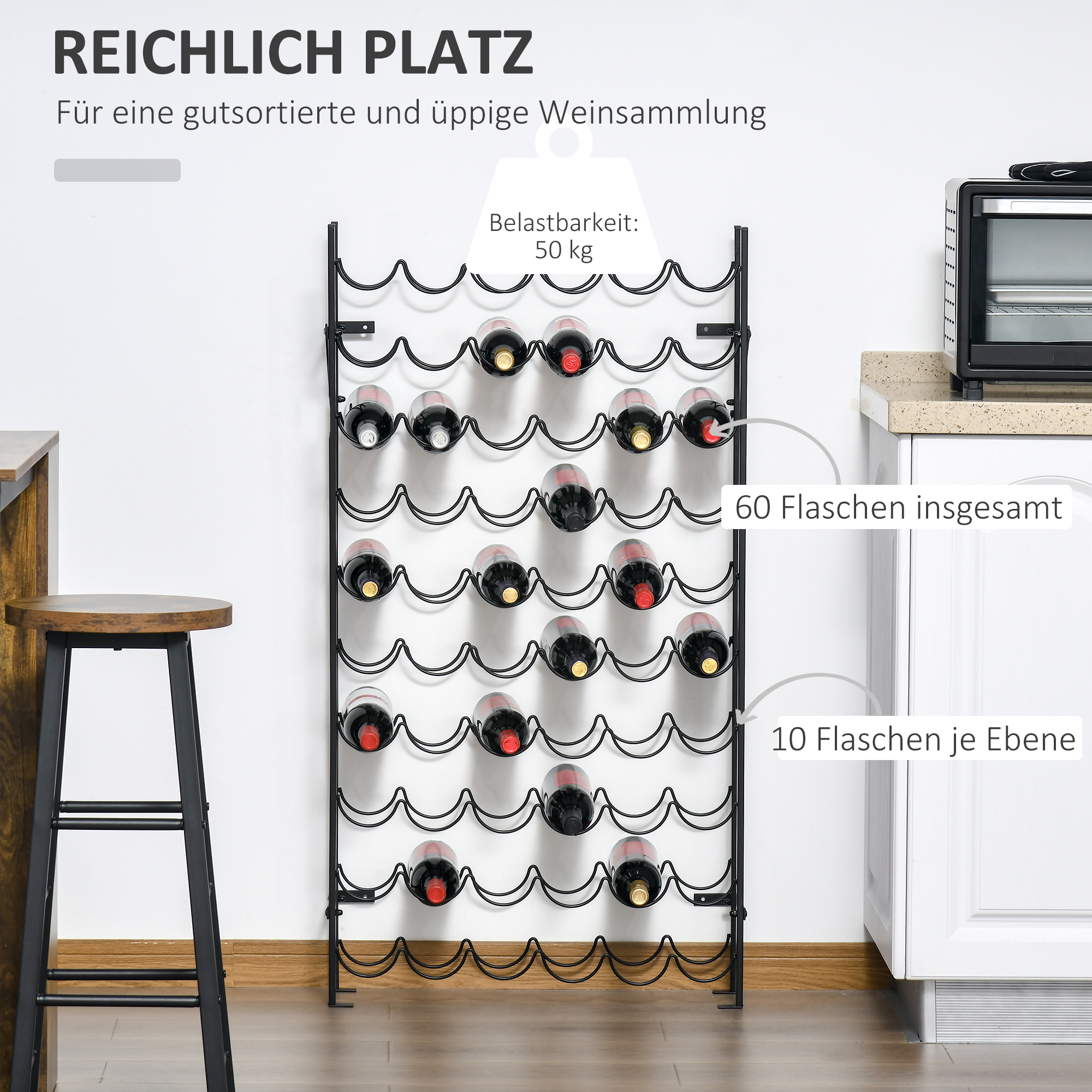 Weinregal für 60 Flaschen Flaschenregal Metall Flaschenhalter 63 x 20,5 x 118 cm Schwarz