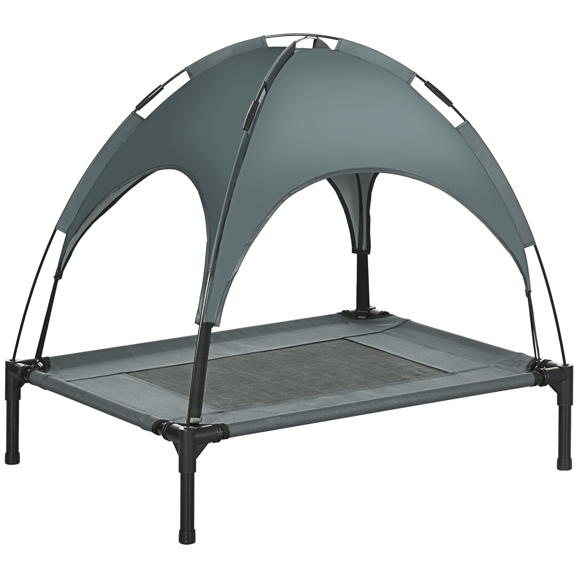 erhöhtes Hundebett mit Baldachin, Haustierbett, Hundeliege outdoor mit Dach, Atmungsaktiv, Taftstoff für Camping Grau 76 x 61 x 73 cm