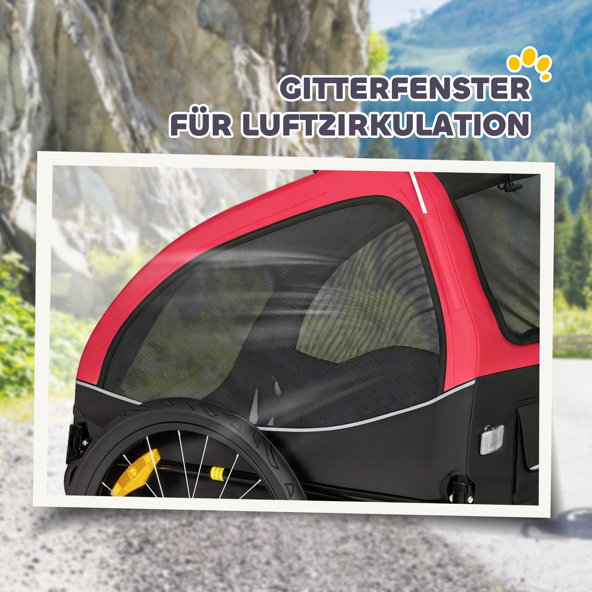 Hundeanhänger Faltbar mit Reflektoren Mesh-Fenster Rädern Tür Sicherheitsflagge für Hunde bis 20 kg 138x70x89 cm Rot