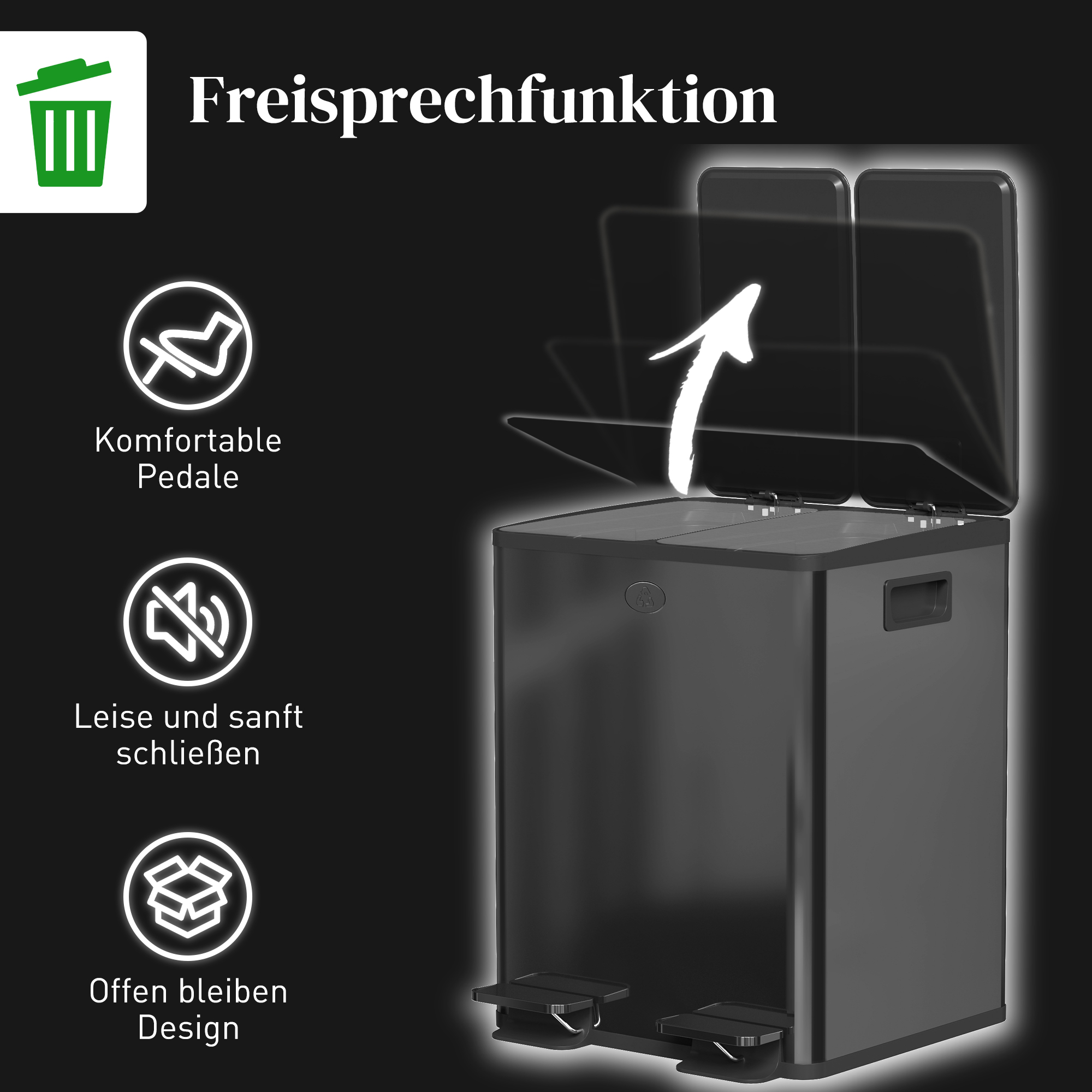 2 x 20 L Doppelmülleimer, Pedalöffnung, leicht zu reinigen, Edelstahl, Kunststoff, Schwarz