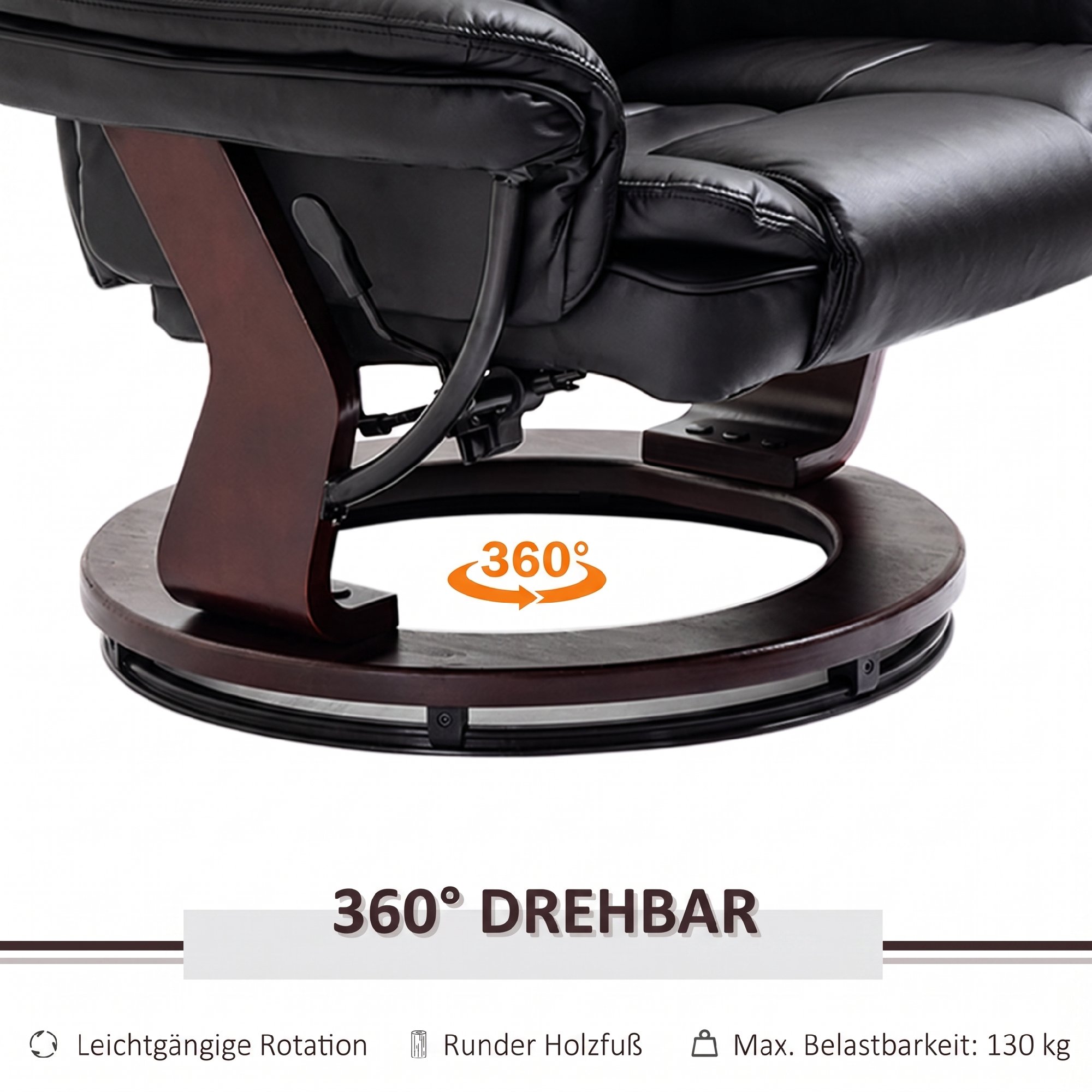 Relaxsessel mit Hocker, Liegesessel, drehbar, neigbare Lehne, Lederoptik, bis 130 kg, Schwarz