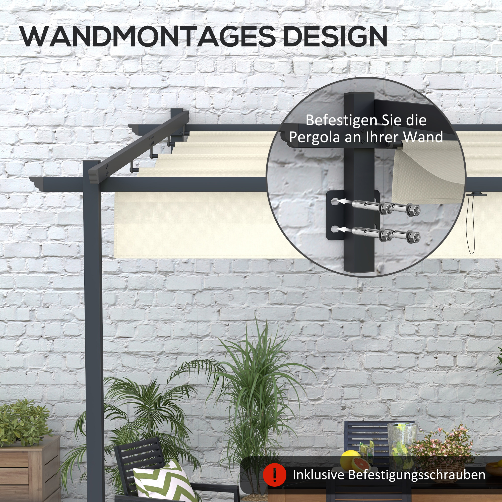 Gartenpavillon 3 x 3m, einziehbares Dach, Wandmontage, Metallrahmen, Cremeweiß