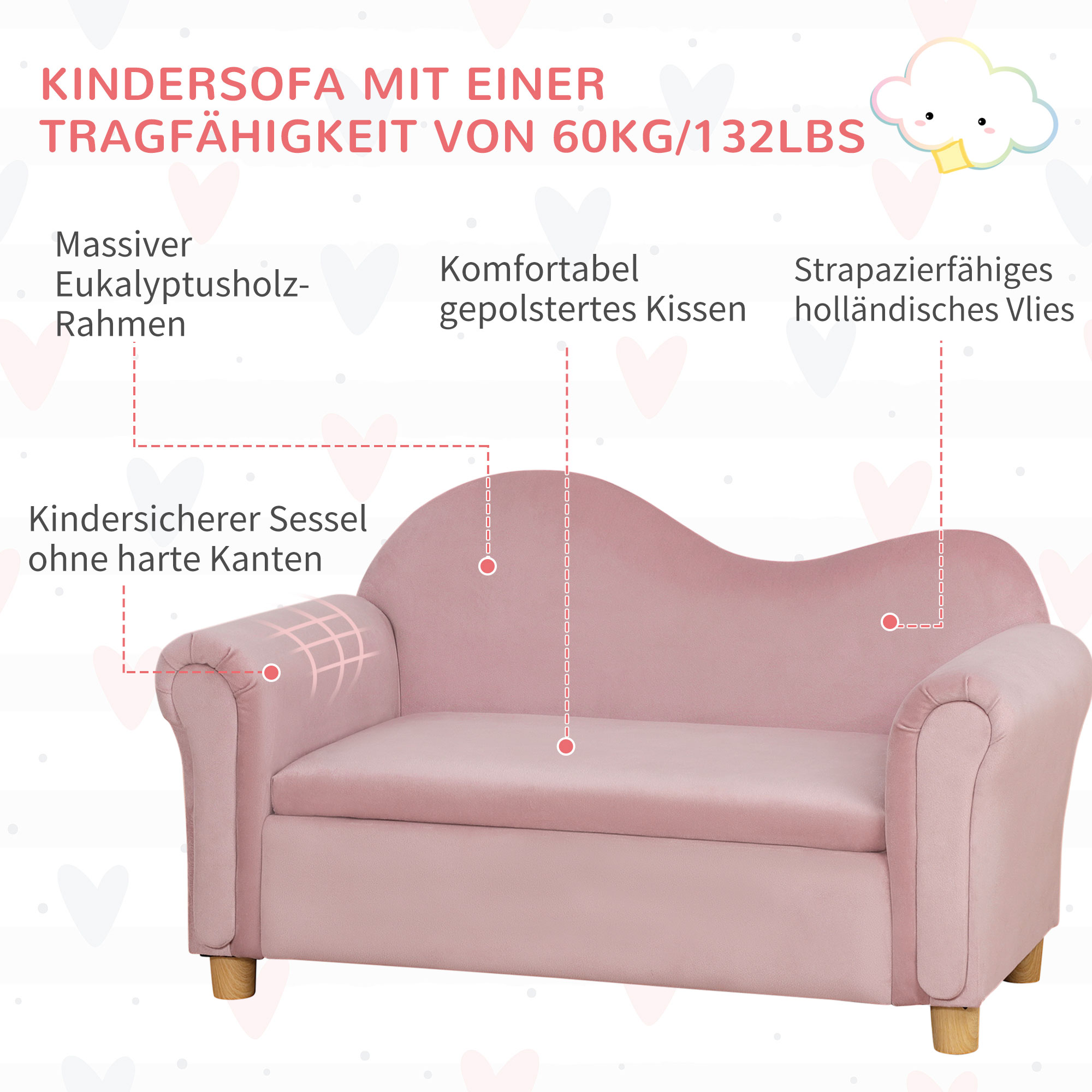 Kindersofa, Zweisitzer für Kinder 3-5 Jahre, Stauraum, Naturholzrahmen, 84 x 41,5 x 48,5cm, rosa