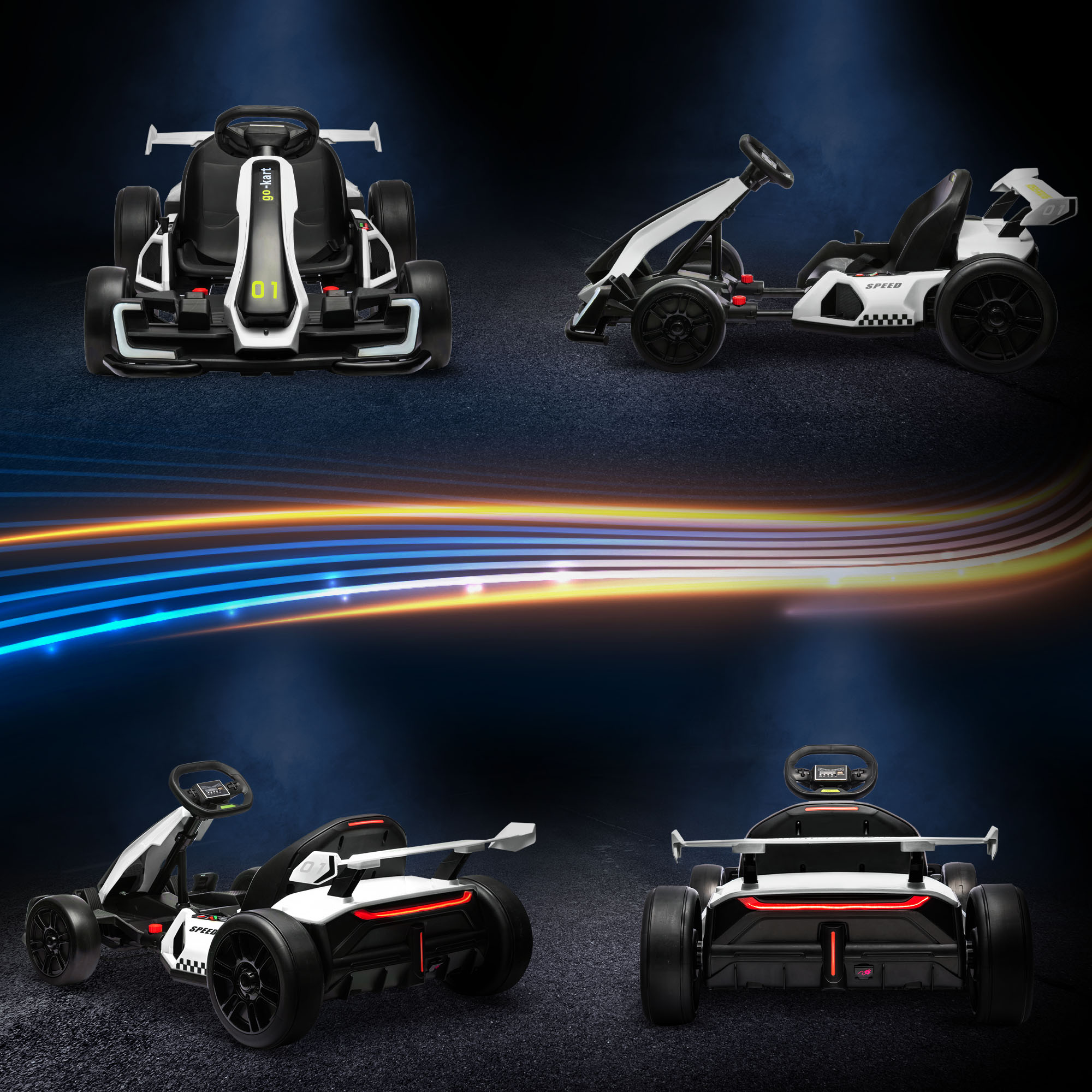 24V Elektro Go-Kart, für Kinder, bis 12 Km/h Gokart mit Drift-Funktion, 2 Motoren, verstellbarer Sitz, Sanftanlauf. schwarz-weiß