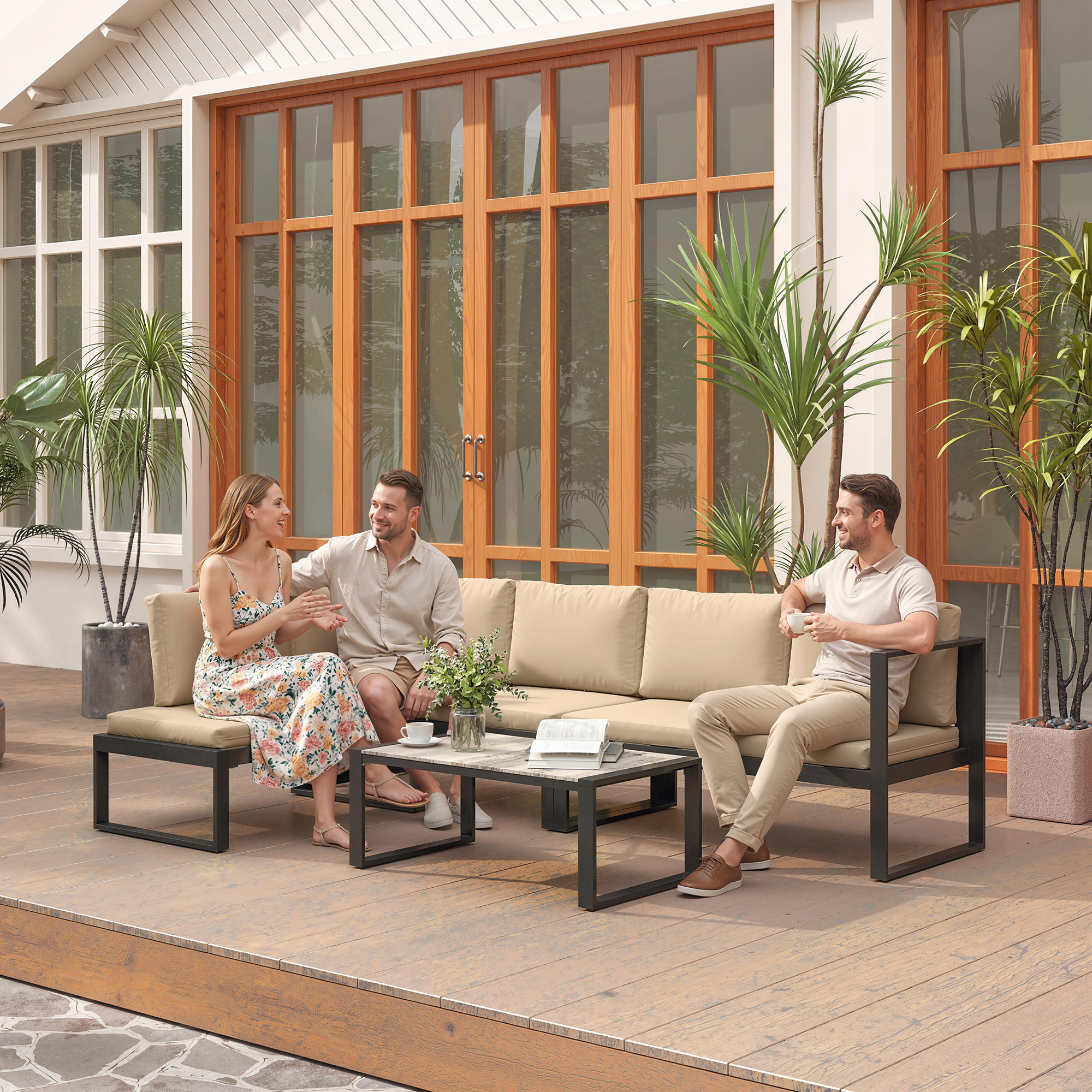 4-teiliges Gartenmöbel-Set, Sofa-Set mit 2 Zweisitzern, armloser Stuhl, Couchtisch, für Balkon, Khaki
