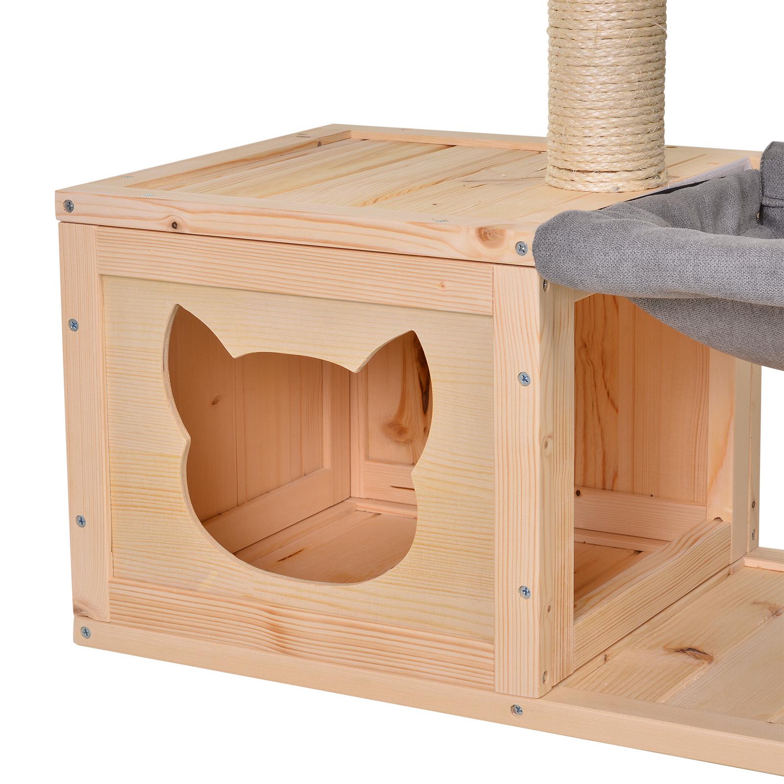 Katzenhaus mit Hängematte, Katzenkiste mit Sisalstamm, Katzenhöhle, Katzenbaum, Katzenaktivitätszentrum, Tannenholz, Natur, 70 x 35 x 60 cm