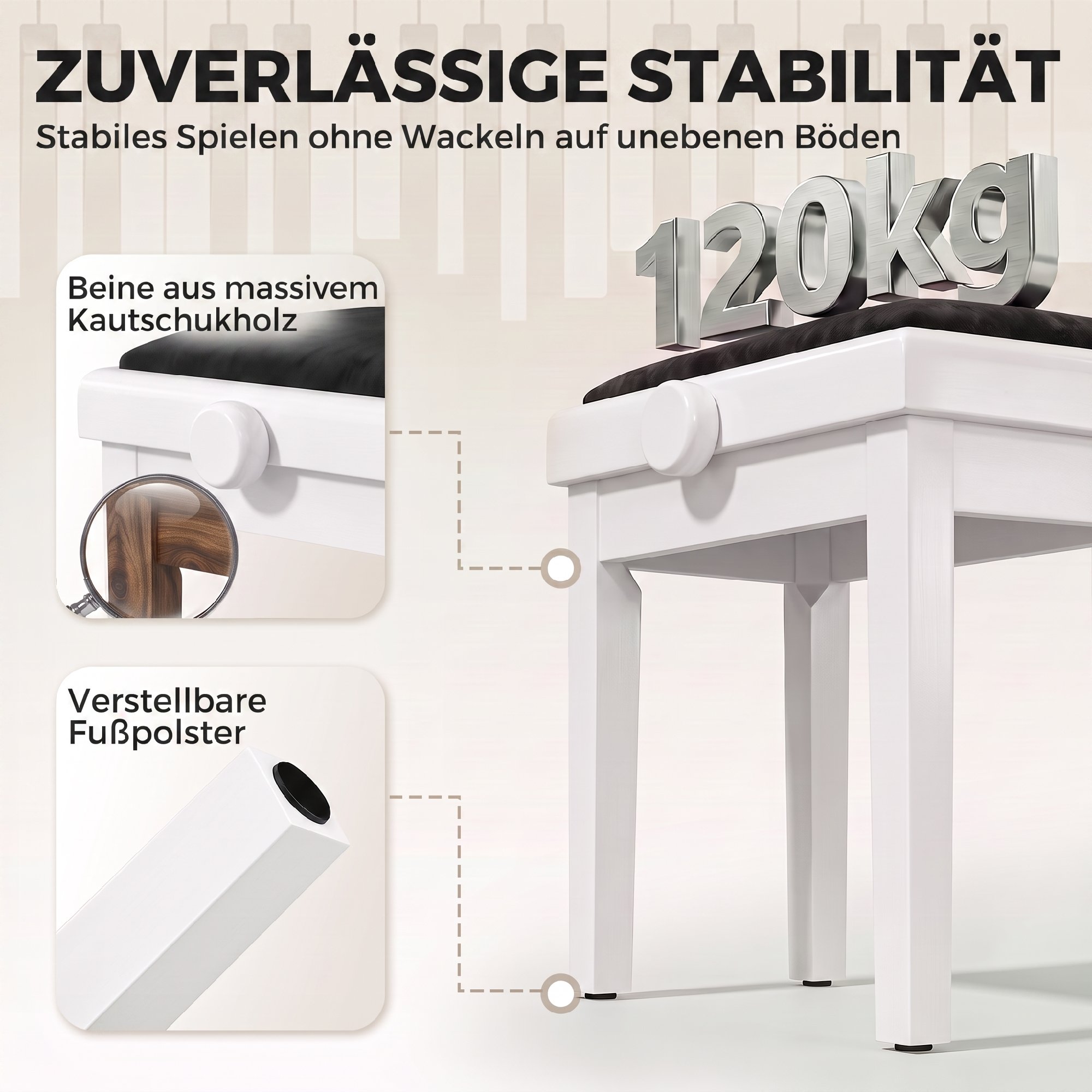 Klavierbank Höhenverstellbar Klavierhocker mit Gepolstertem Kissen, Samtoptik, Beinen aus Kautschukholz Weiß