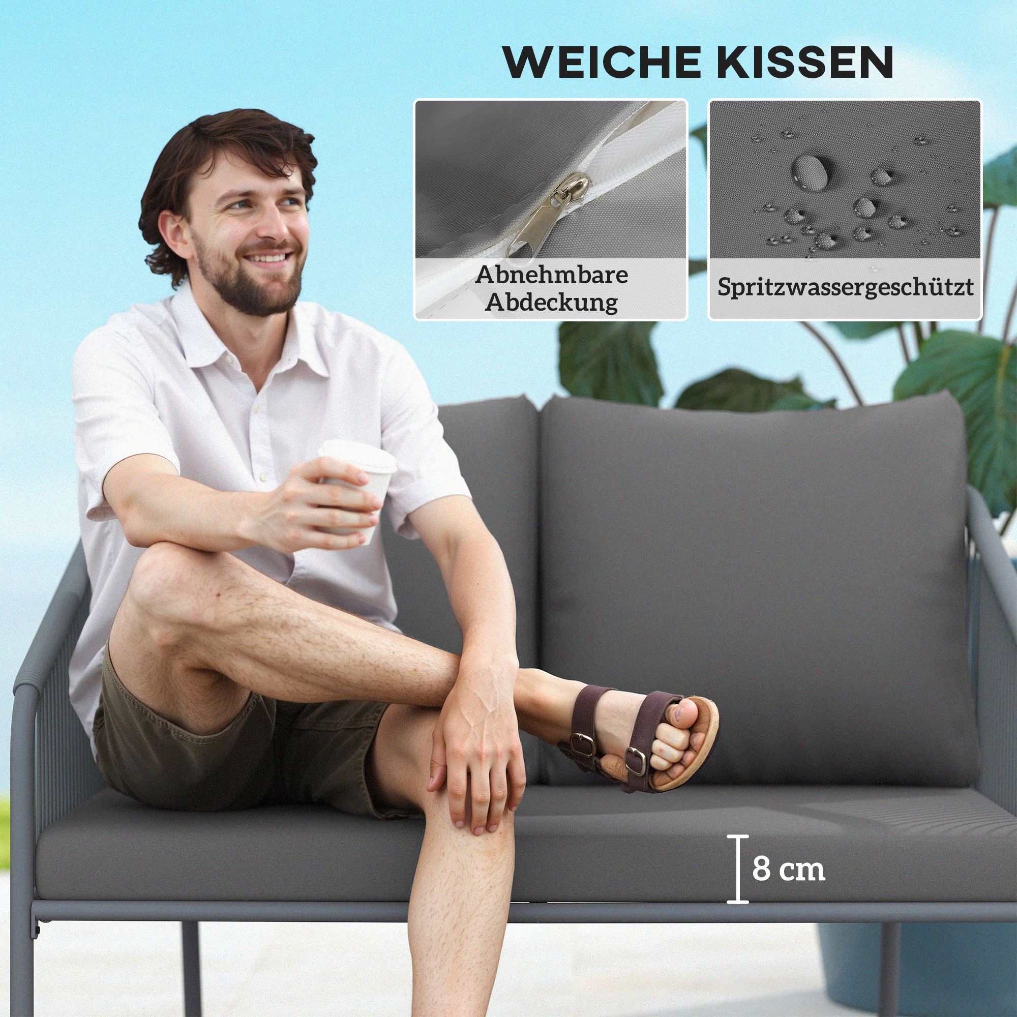 Gartensofa mit Kissen 2-Sitzer Rattan Sofa Lounge Sofa Outdoor Balkon Sofa 112 x 72 x 76 cm Grau