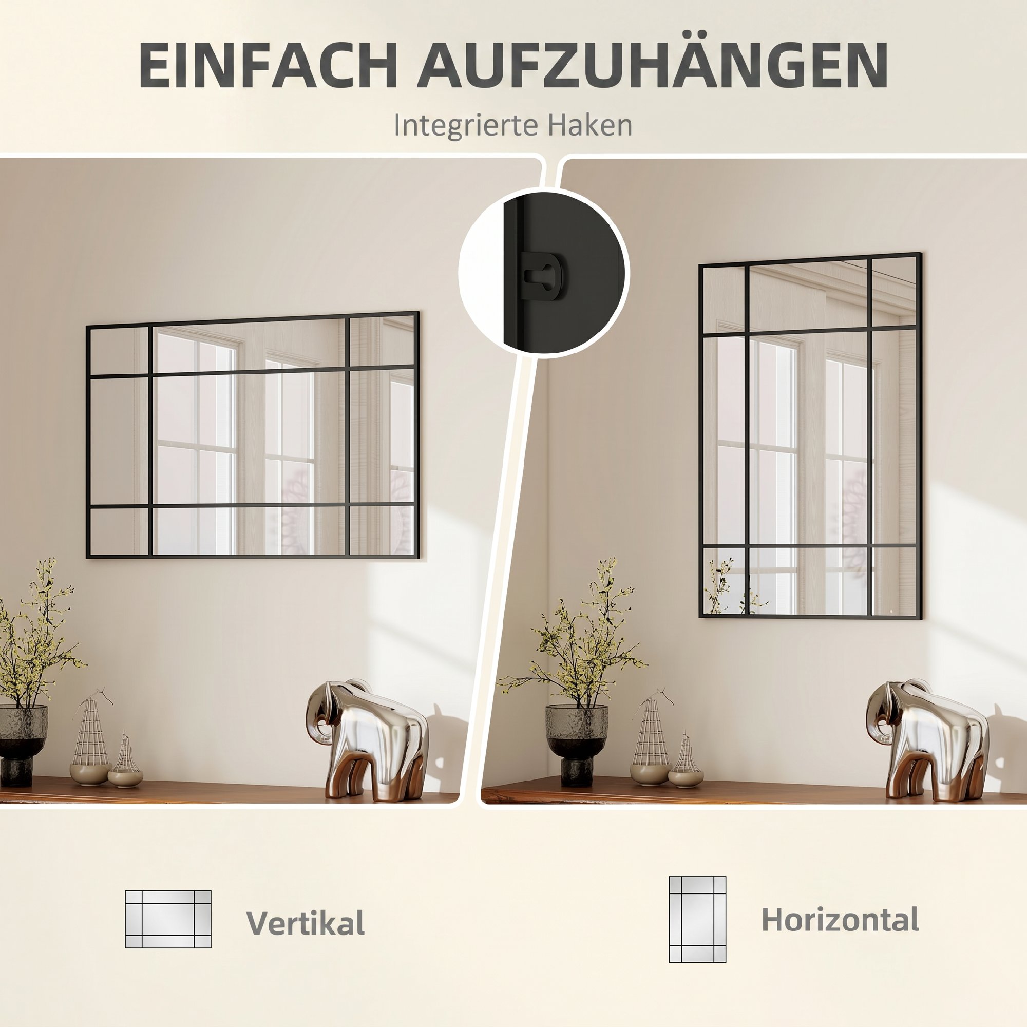 Wandspiegel, dekorativer Spiegel mit Metallrahmen, schwarze Streifen, Mehrschichtglas, 90B x 2T x 60H cm