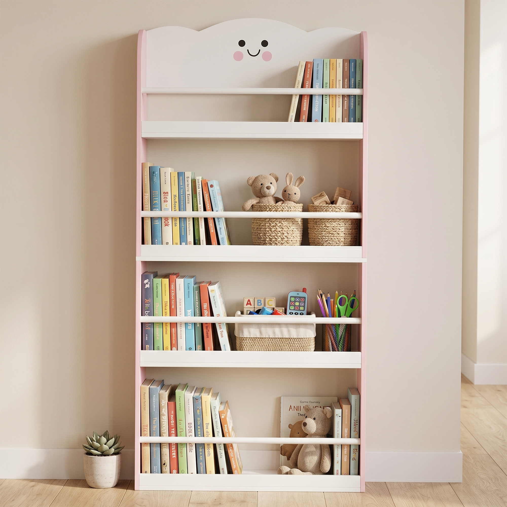 Kinderbücherregal mit 4 Etagen, Wandmontiertes Bücherregal für Kinderzimmer, Spielzimmer, Wohnzimmer, Rosa