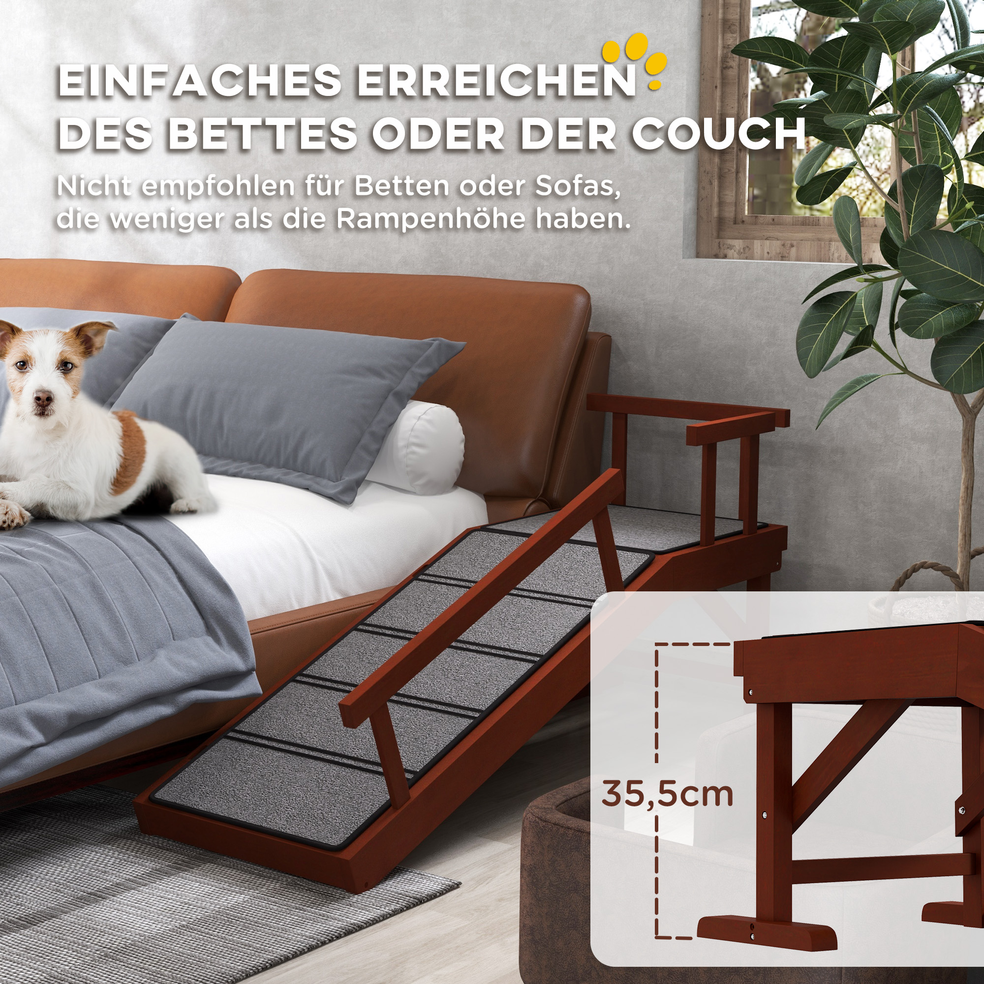 Hunderampe, abnehmbare Geländer, rutschfest, Holz, bis 30 kg, 125x40x56cm, Braun/Grau