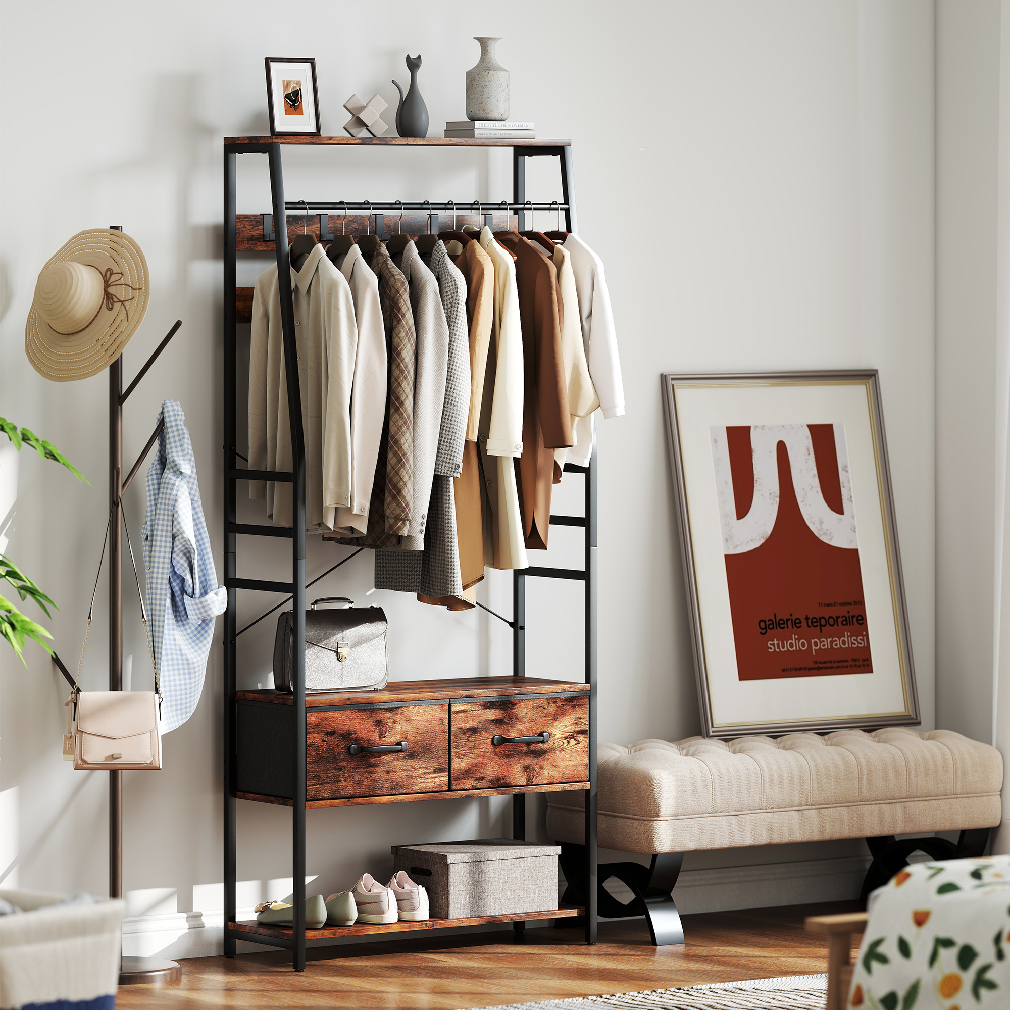 Garderobe mit Schuhregal, Mantelständer mit Sitzbank, 10 Haken, 2 Stoffschubladen, Kleiderstange, Spanplatte, Metall, Braun