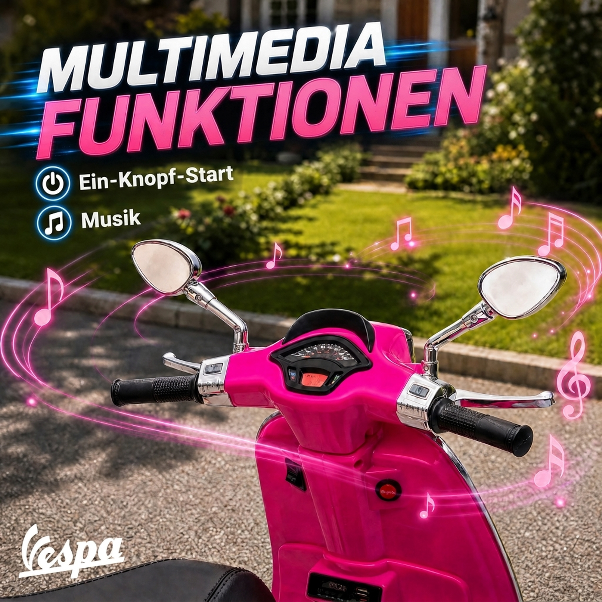 Elektro-Kindermotorrad, Vespa, 3 km/h, 3-6 Jahre, Musik, Licht & Radio, Rosa