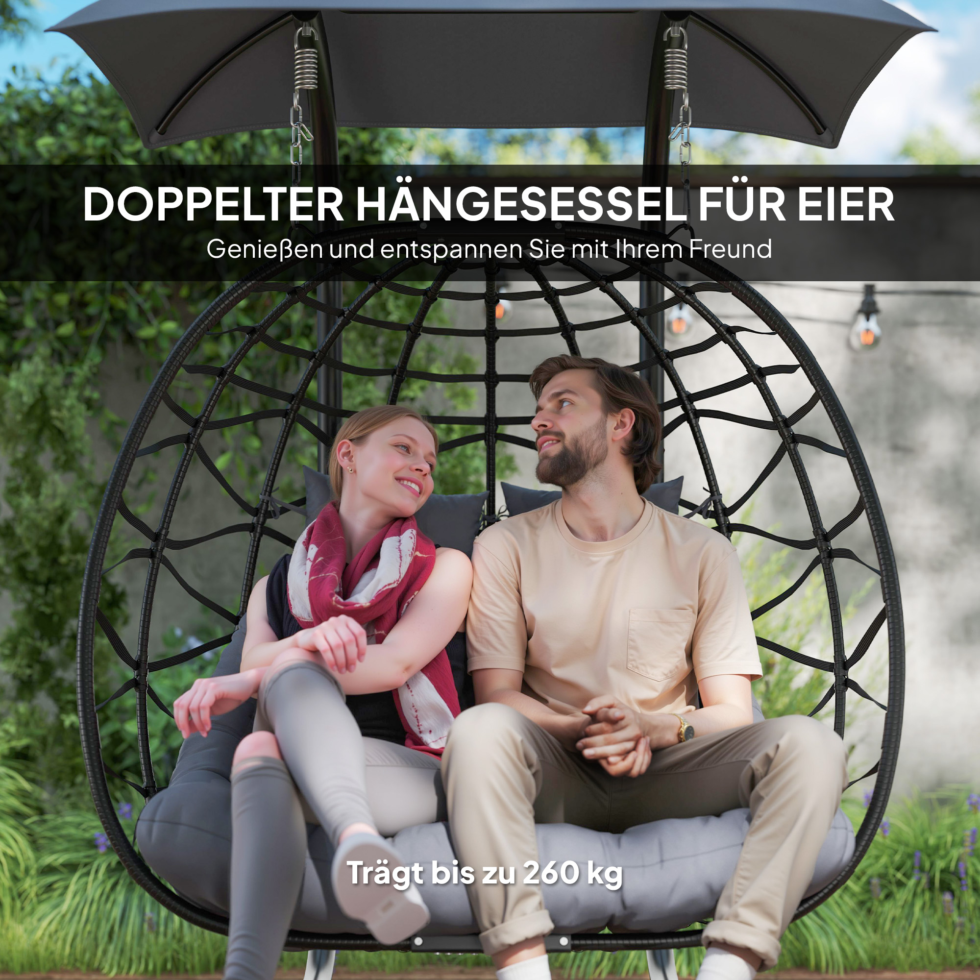 Hängestuhl, faltbarer Korbstuhl mit Kissen, Stahlrahmen, Sonnendach, bis zu 260 kg belastbar, Dunkelgrau