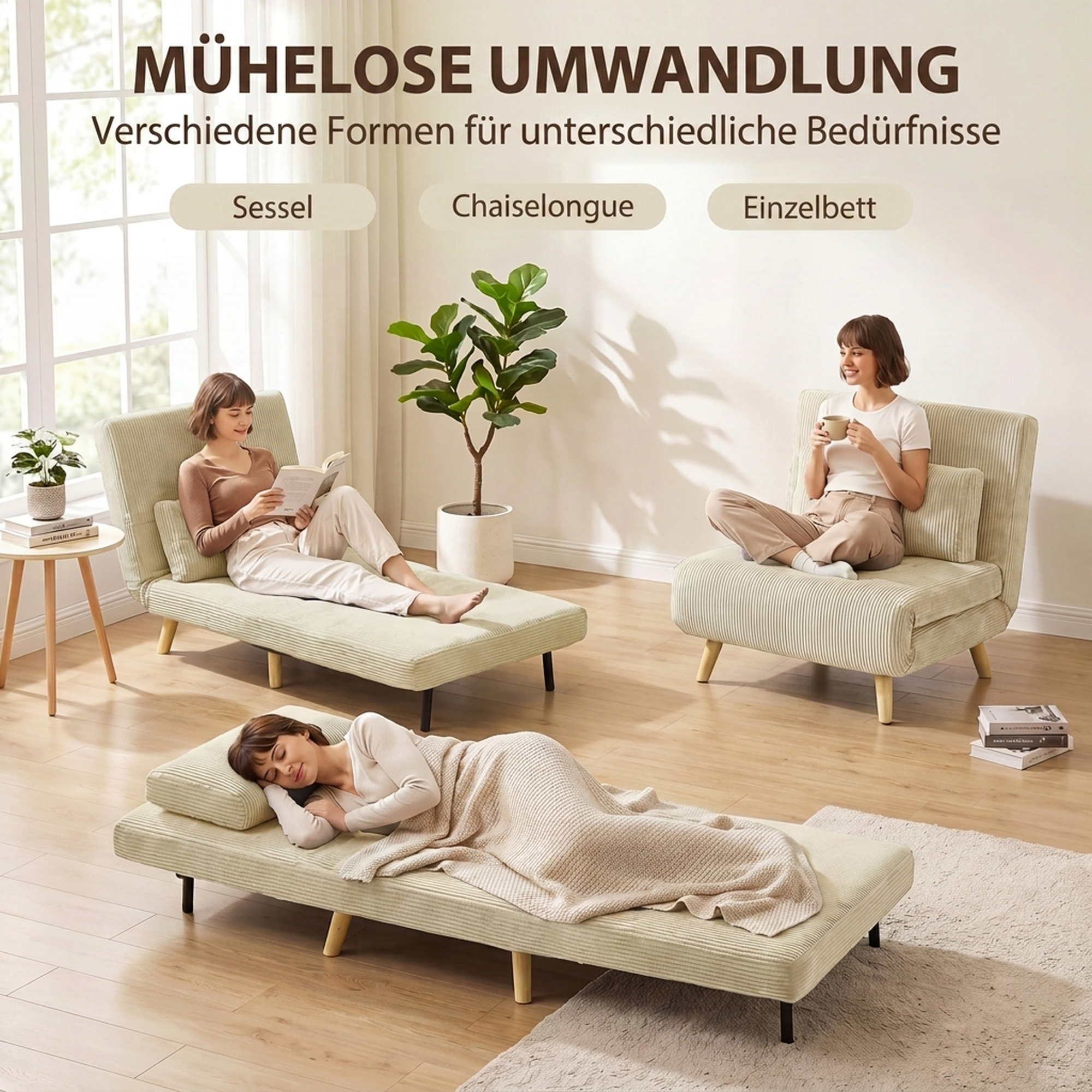 Schlafsessel 3-in-1, ausklappbarer Sessel aus Cord mit Schlaffunktion verstellbare Rückenlehne, Kissen, Beige